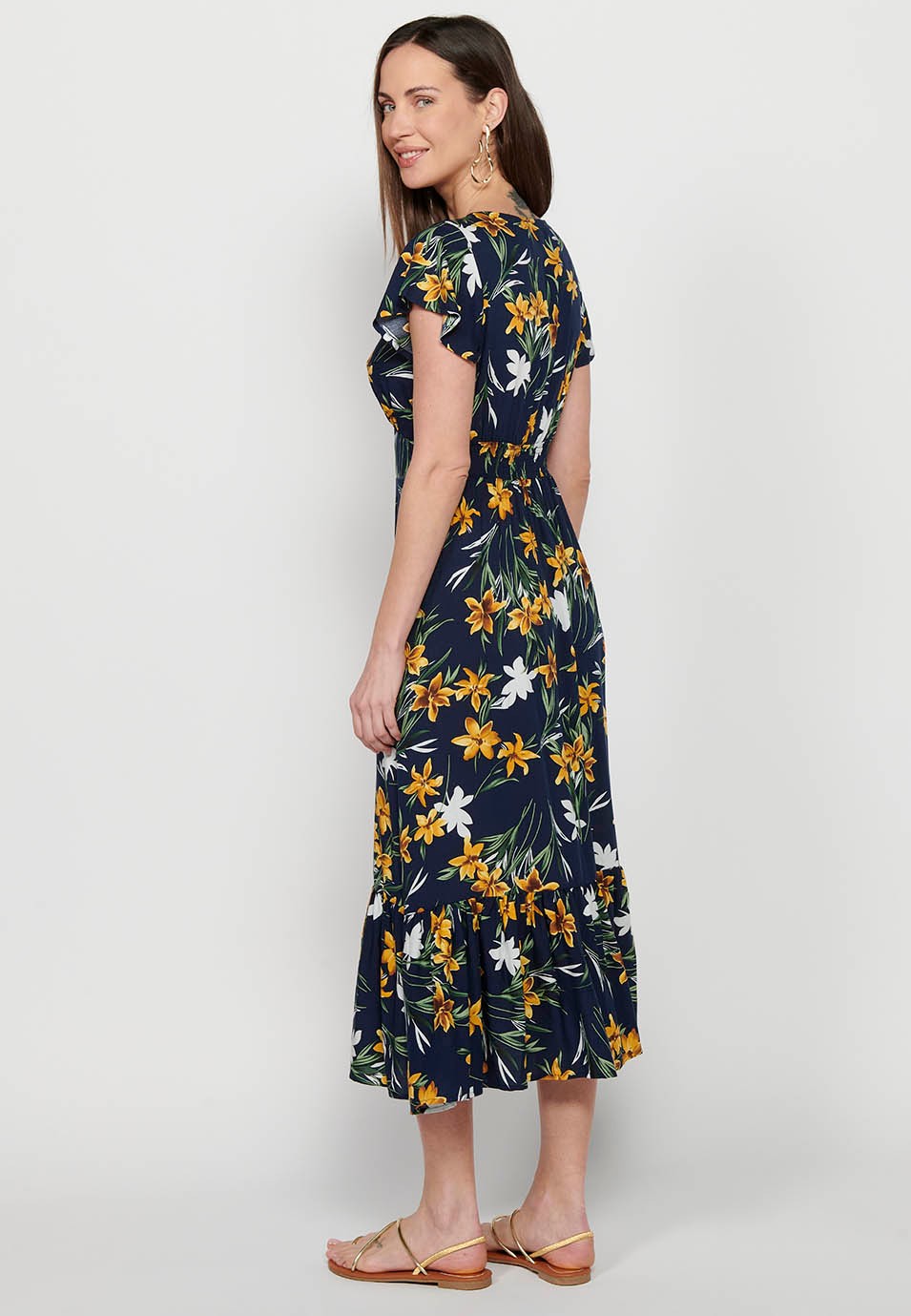Long short-sleeved dress with V-neck and floral print in Navy for Women 4