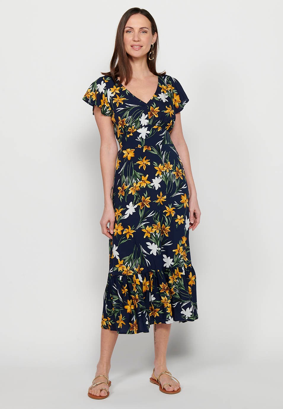 Long short-sleeved dress with V-neck and floral print in Navy for Women 7