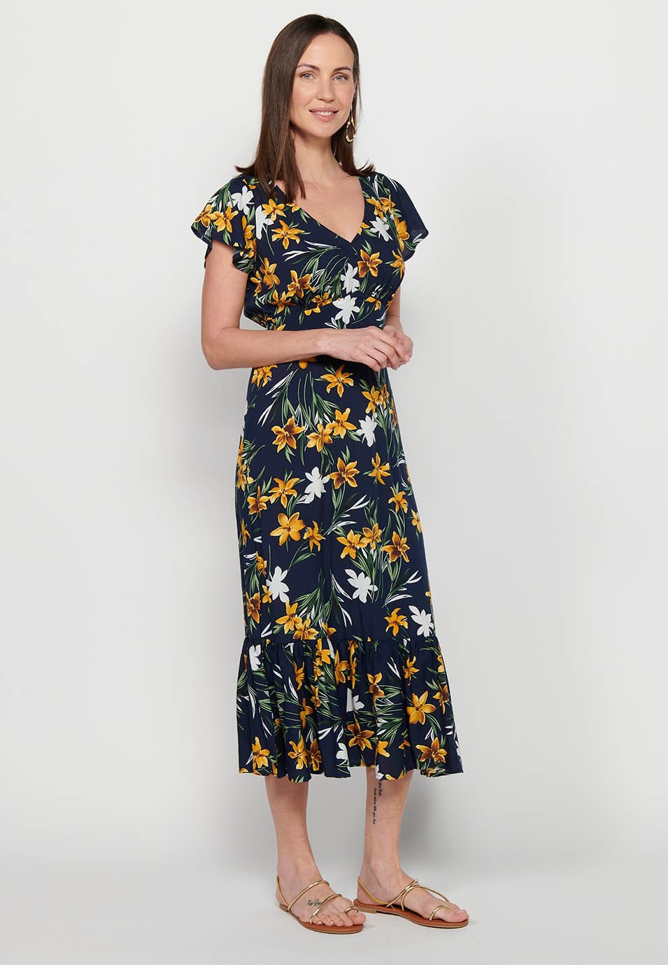 Long short-sleeved dress with V-neck and floral print in Navy for Women 8