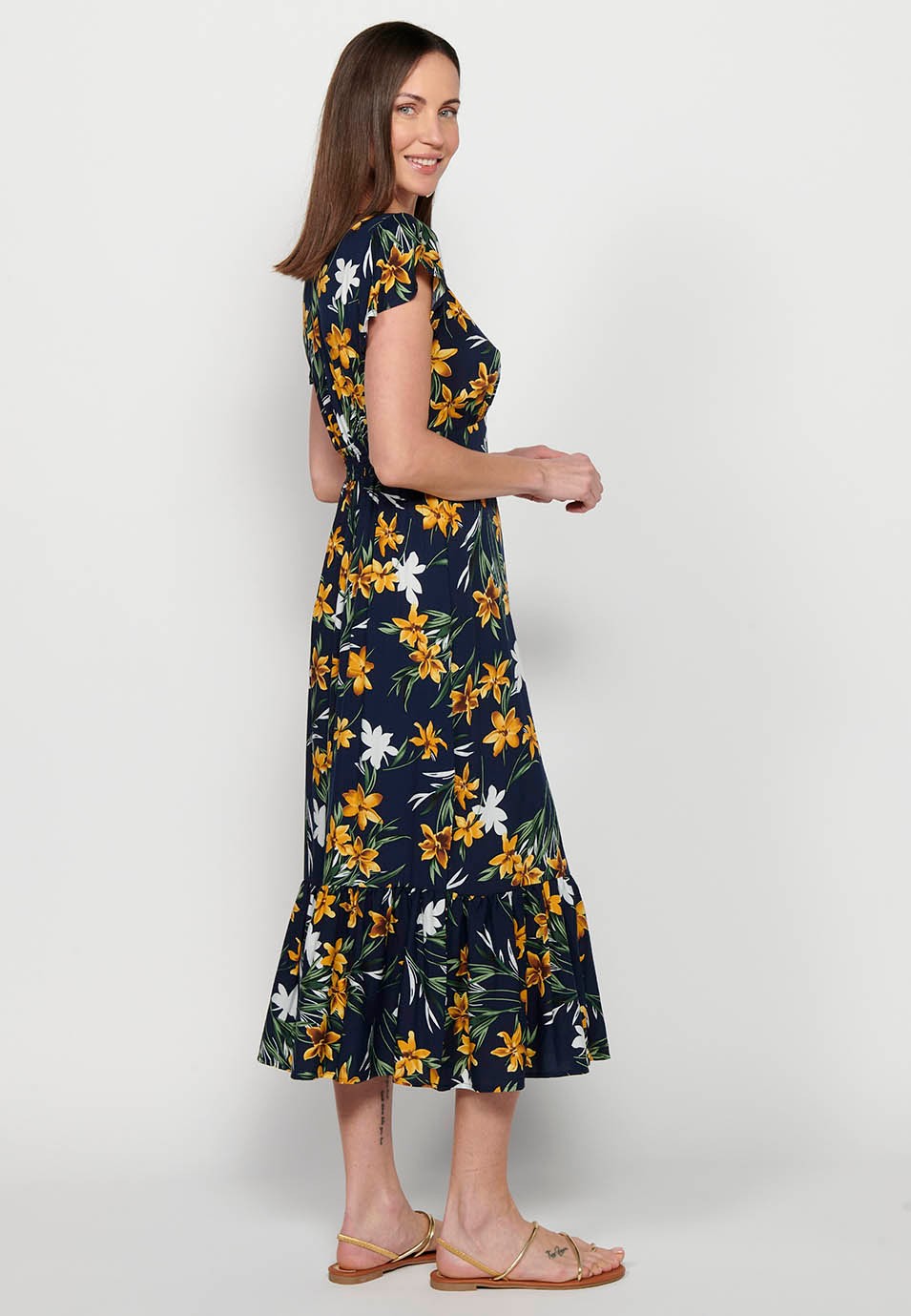 Langes Kurzarmkleid mit V-Ausschnitt und Blumendruck in Marineblau für Damen 3