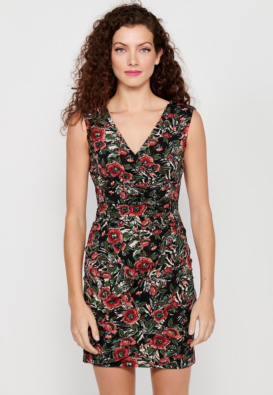 Sleeveless Dress with Cross V-Neckline and Multicolor Floral Print for Women