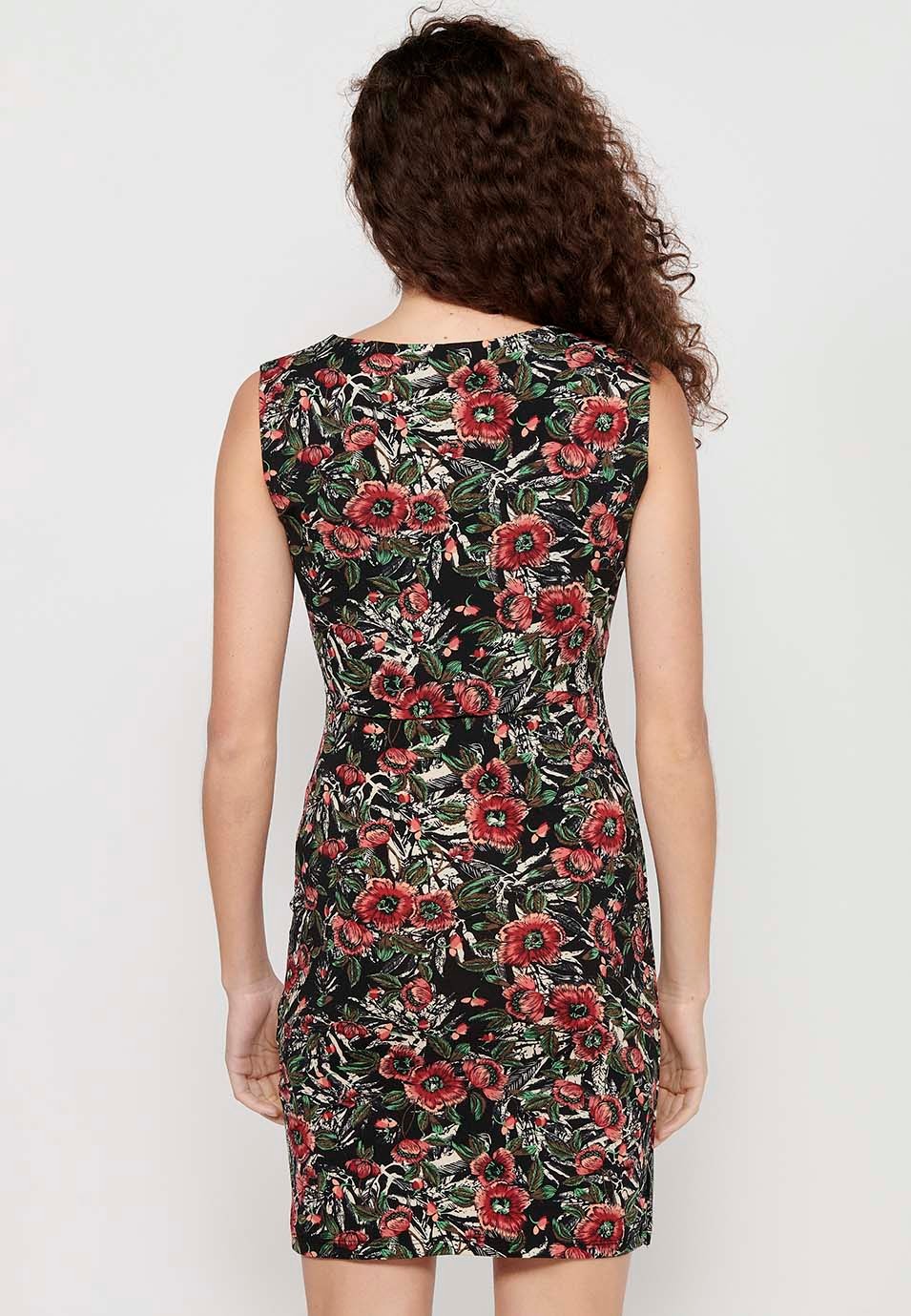 Sleeveless Dress with Cross V-Neckline and Multicolor Floral Print for Women