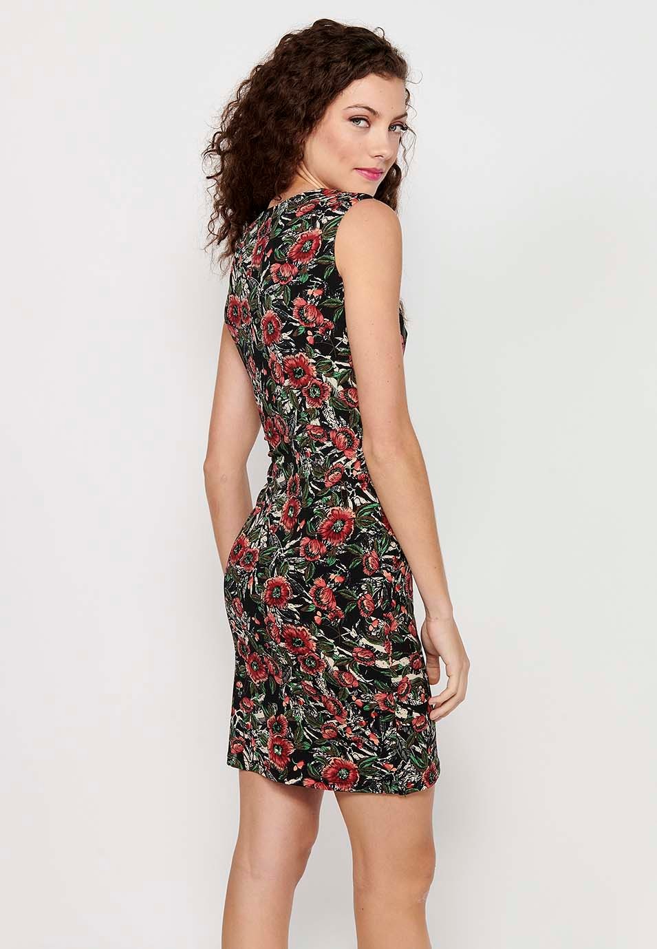 Sleeveless Dress with Cross V-Neckline and Multicolor Floral Print for Women