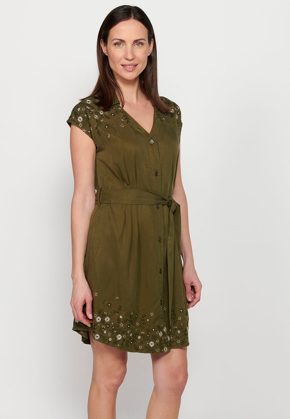 Short-sleeved midi dress with V-neckline and front button closure, fitted at the waist with embroidered details in Khaki color for Women 7