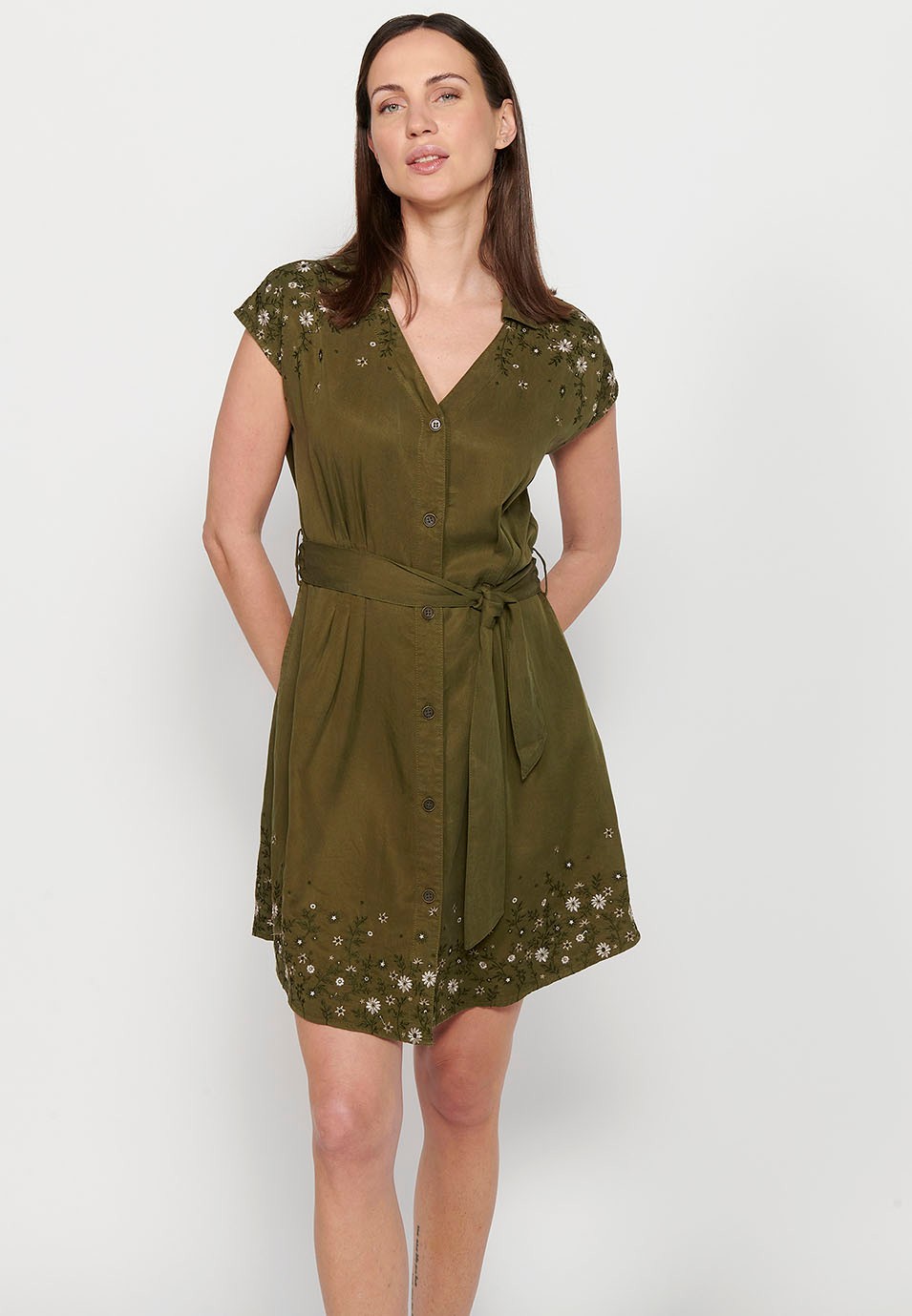 Short-sleeved midi dress with V-neckline and front button closure, fitted at the waist with embroidered details in Khaki color for Women 9