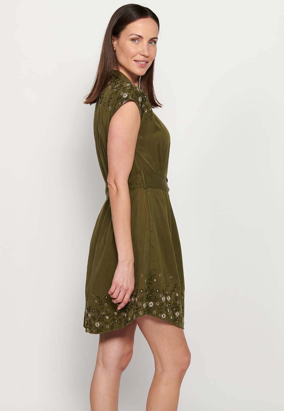 Short-sleeved midi dress with V-neckline and front button closure, fitted at the waist with embroidered details in Khaki color for Women 6