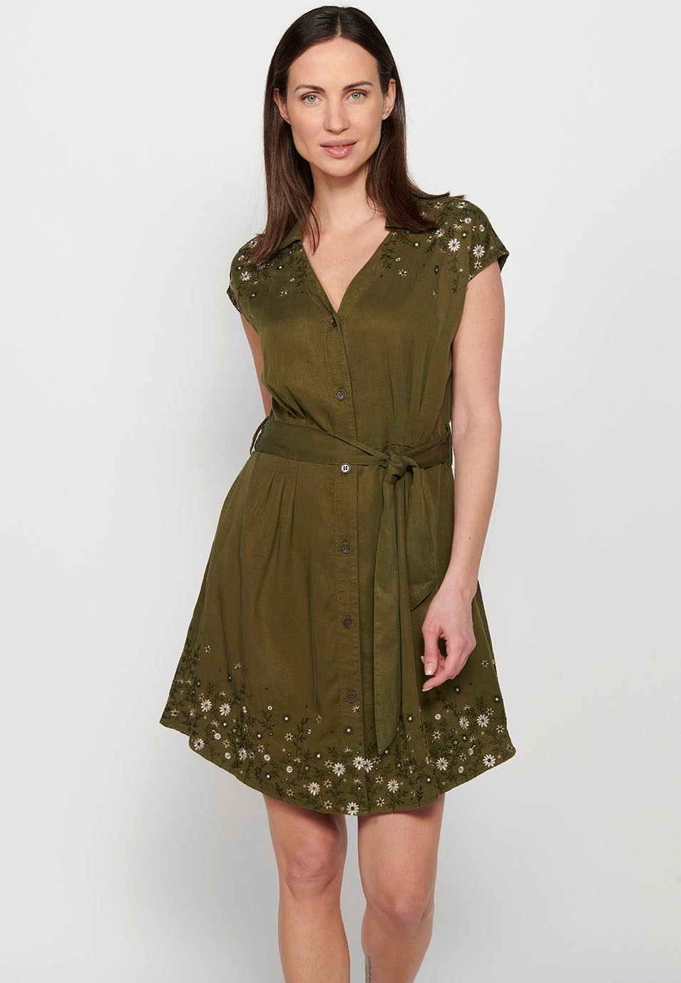 Short-sleeved midi dress with V-neckline and front button closure, fitted at the waist with embroidered details in Khaki color for Women 2