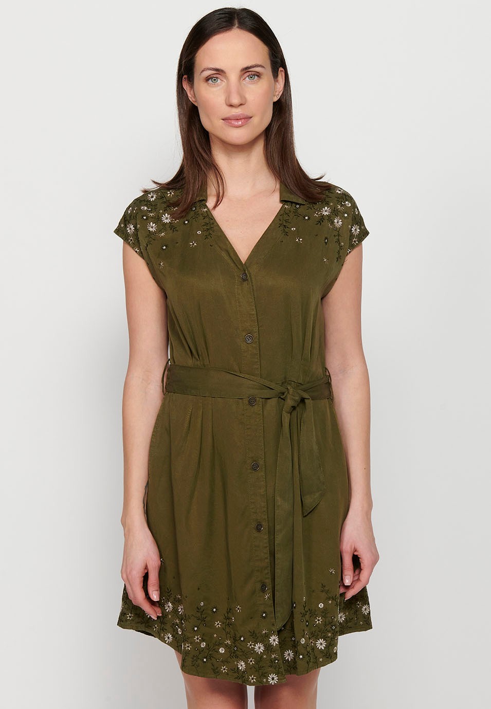 Short-sleeved midi dress with V-neckline and front button closure, fitted at the waist with embroidered details in Khaki color for Women 4