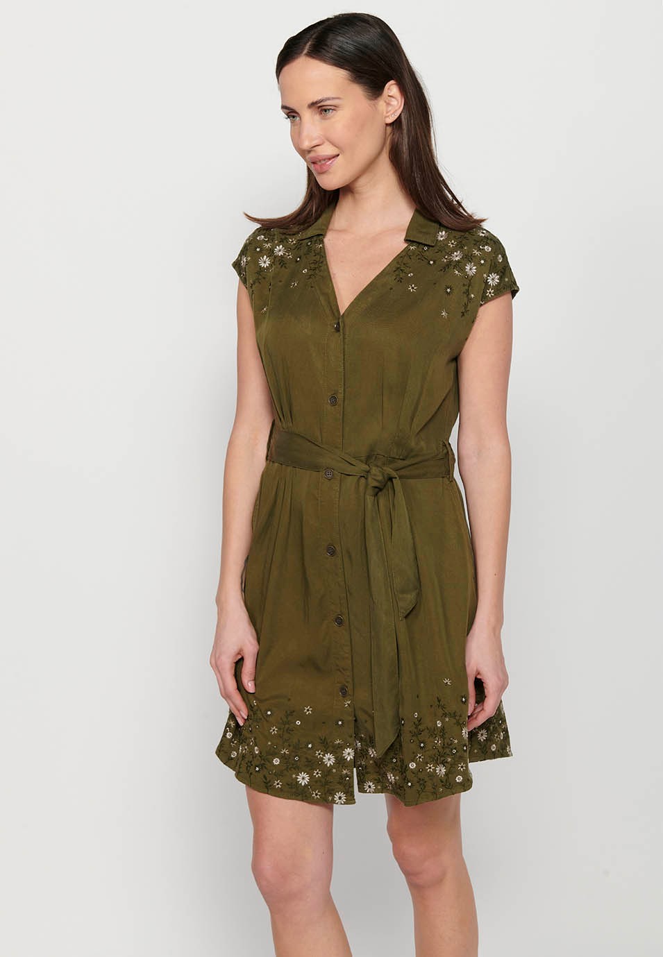 Short-sleeved midi dress with V-neckline and front button closure, fitted at the waist with embroidered details in Khaki color for Women 8