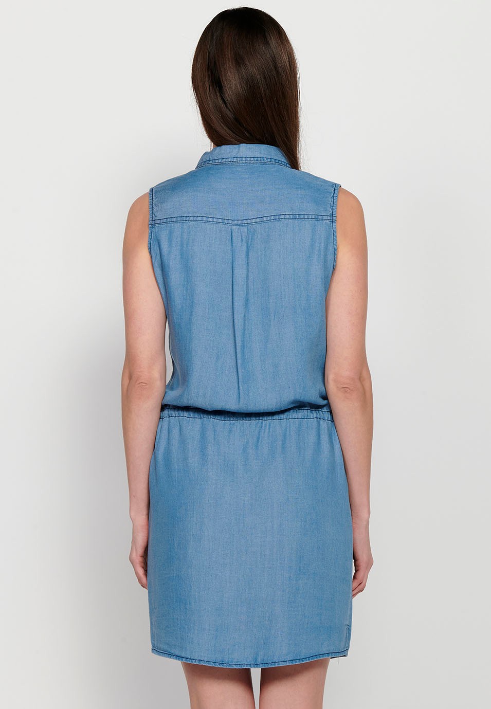 Sleeveless midi dress with front closure with buttons and embroidered details, tight at the waist in Blue for Women 2