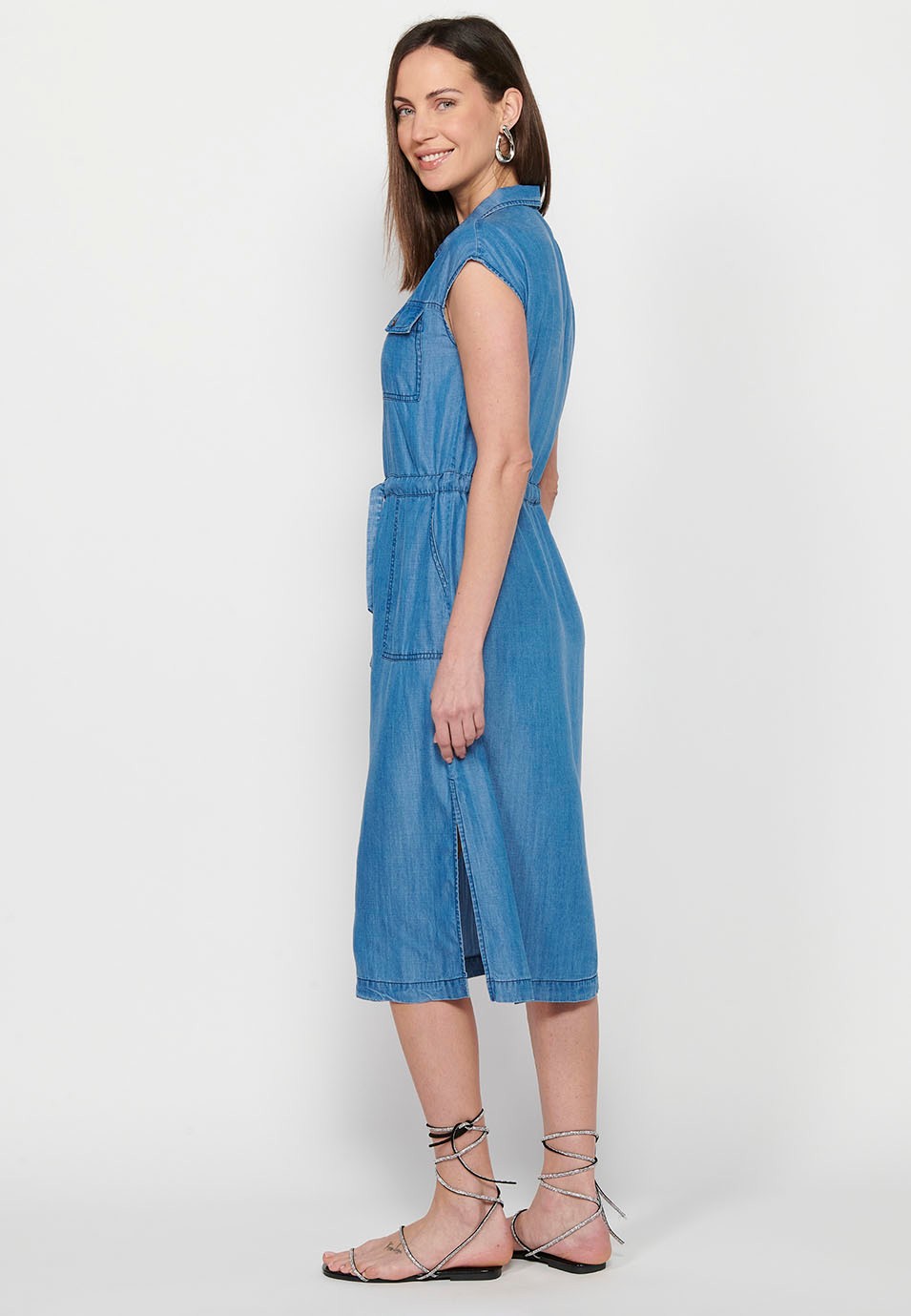Women's Sleeveless Shirt Style Long Dress with Adjustable Waist with Drawstring and Button Front Closure in Blue 5
