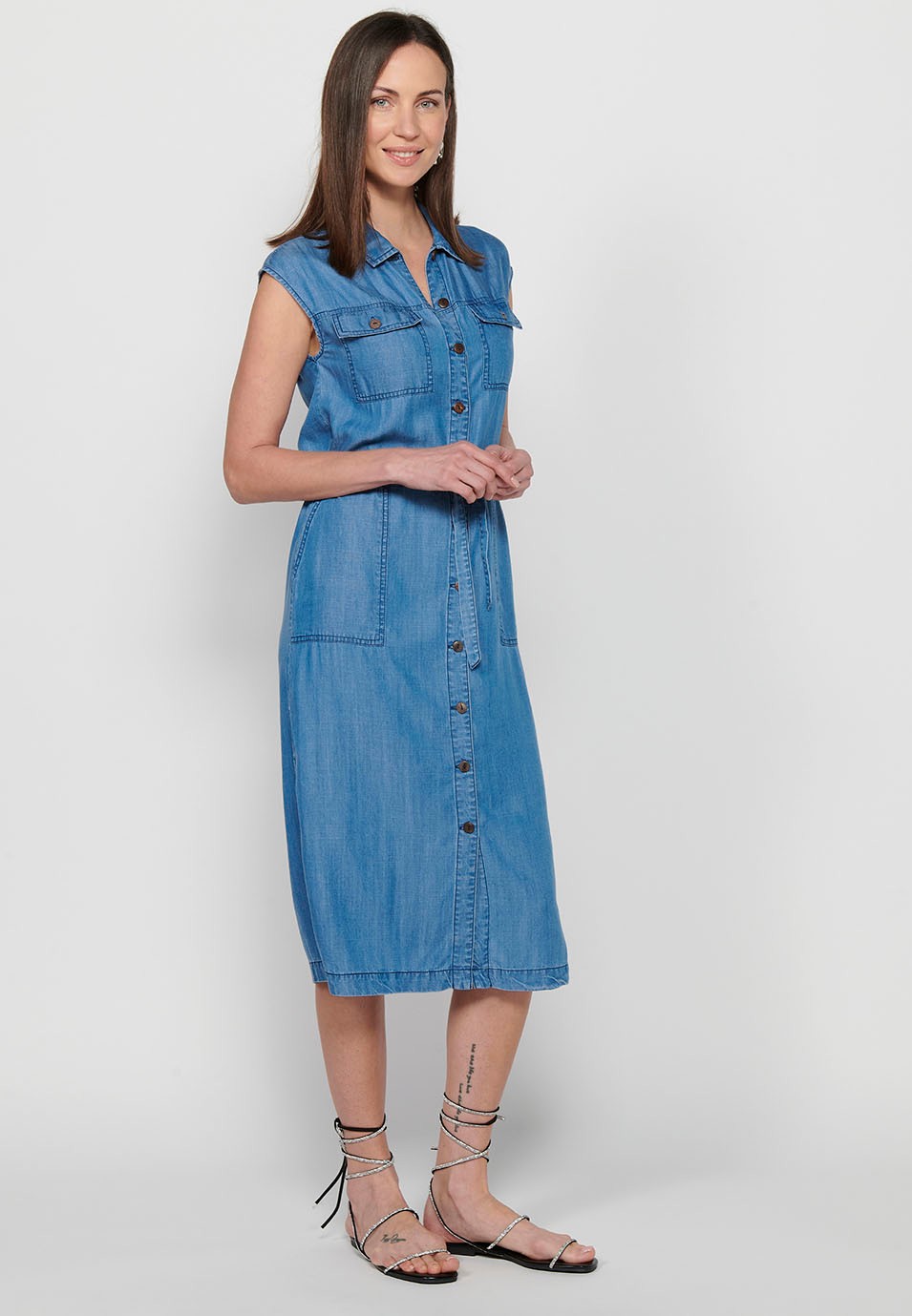 Women's Sleeveless Shirt Style Long Dress with Adjustable Waist with Drawstring and Button Front Closure in Blue 7