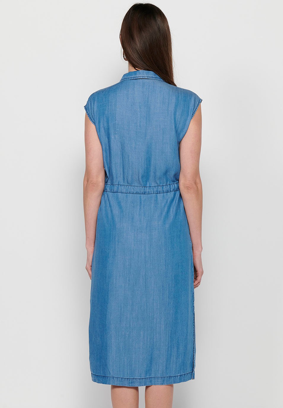 Women's Sleeveless Shirt Style Long Dress with Adjustable Waist with Drawstring and Button Front Closure in Blue 3
