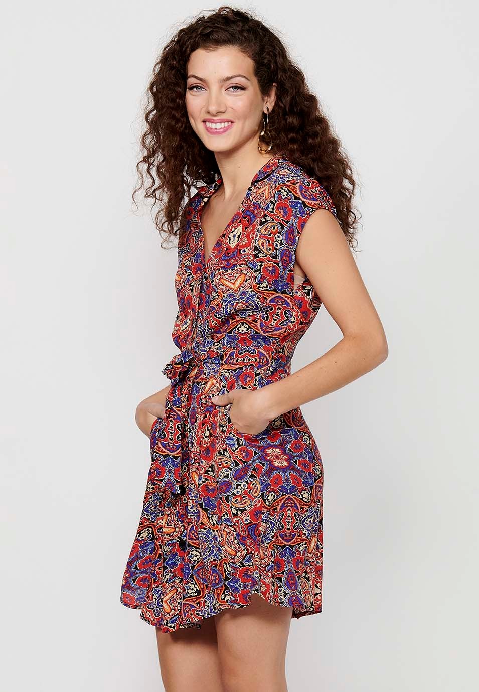 Women's Short Sleeve Dress with Button Front Closure and Slim Waist with Multicolor Belt 3