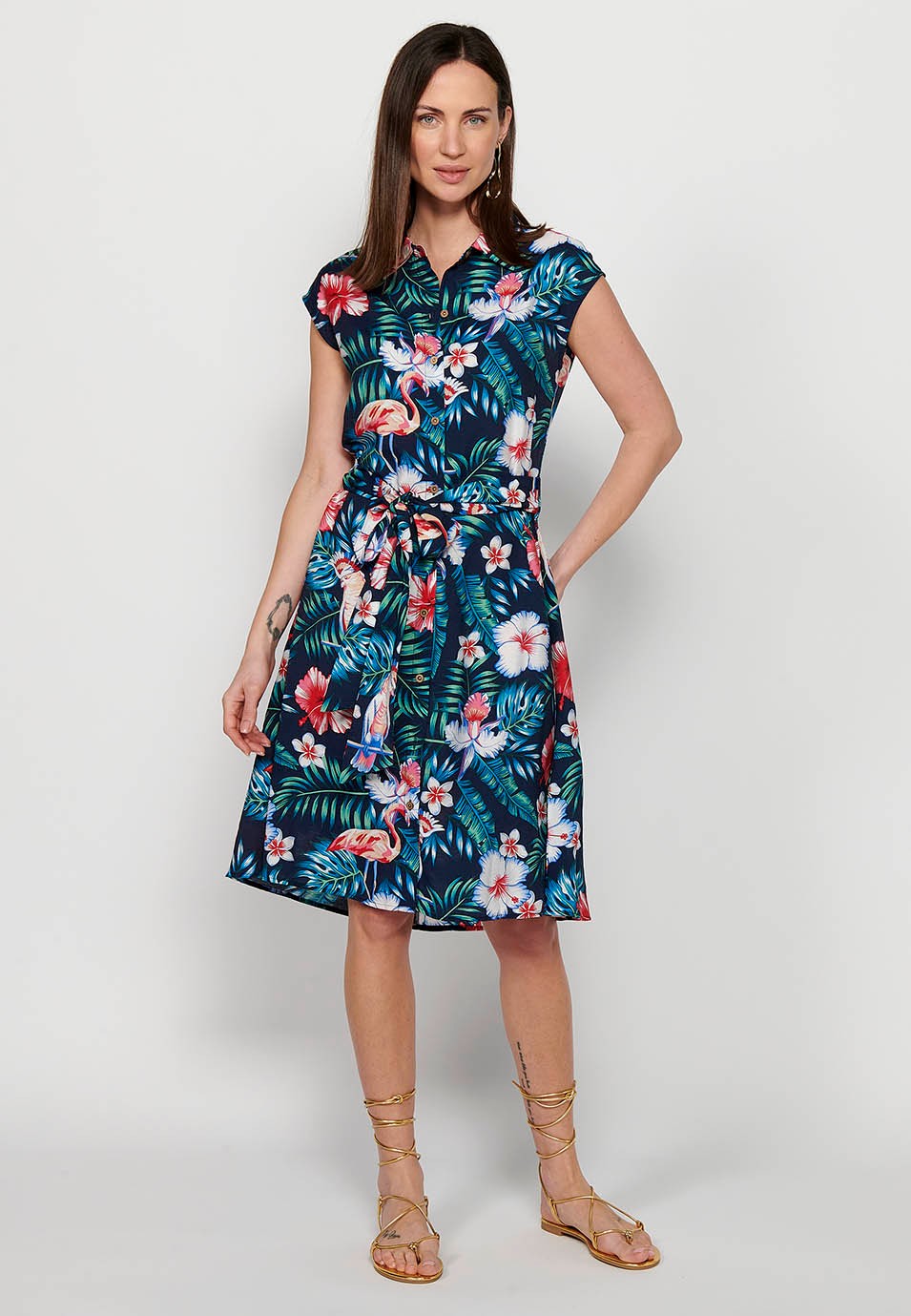 Women's Multicolor Floral Print Short Sleeve Button Front Closure Midi Shirt Dress