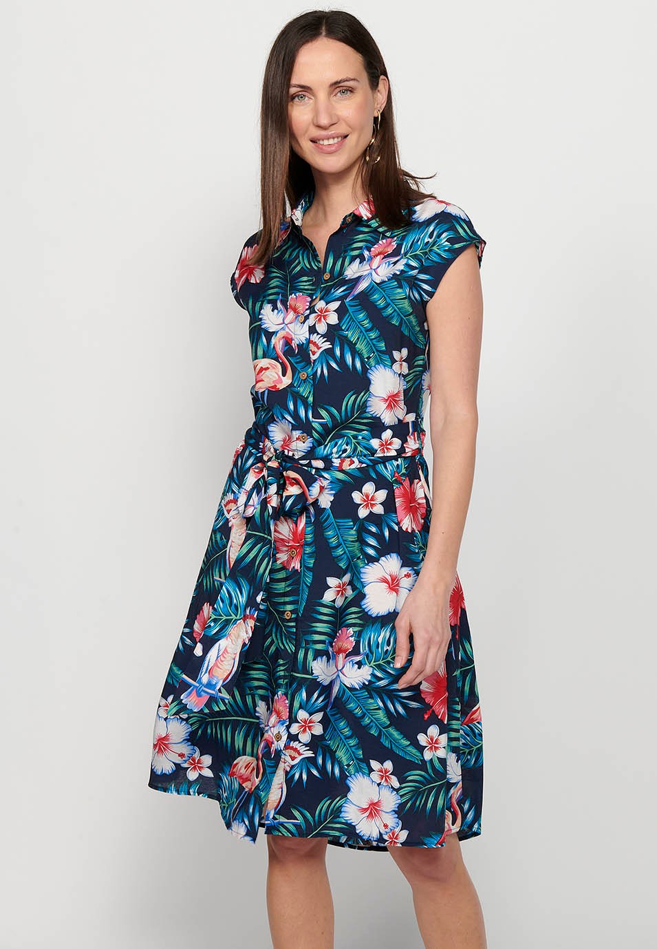 Robe chemise mi-longue à imprimé Floral multicolore pour femmes, manches courtes, fermeture boutonnée sur le devant 3