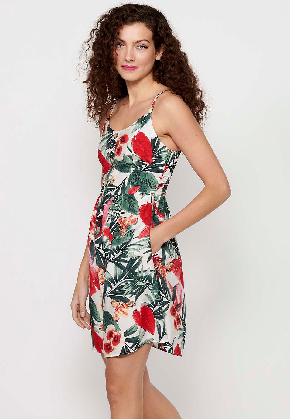 Mehrfarbiges Damenkleid mit tropischem Blumenmuster, V-Ausschnitt, Knopfleiste vorne und gummierter Rückseite 6