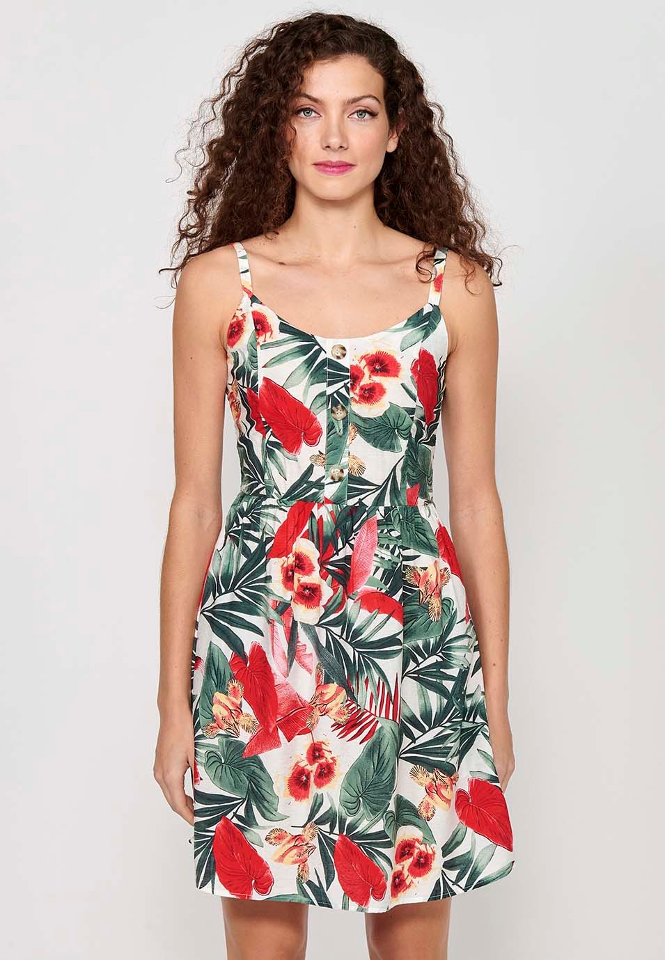 Mehrfarbiges Damenkleid mit tropischem Blumenmuster, V-Ausschnitt, Knopfleiste vorne und gummierter Rückseite 7