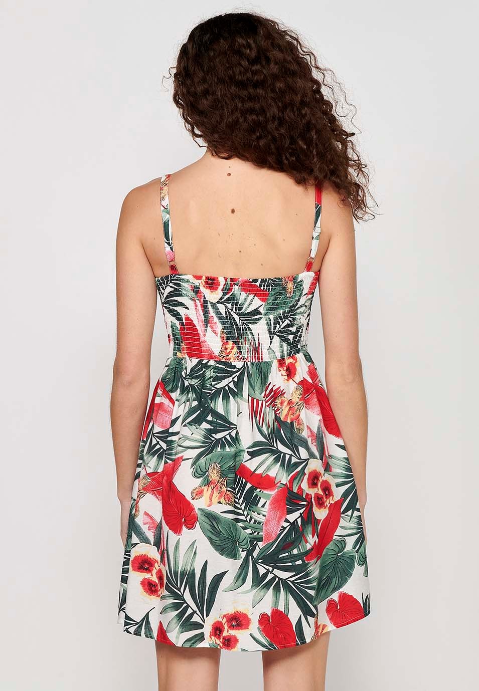 Mehrfarbiges Damenkleid mit tropischem Blumenmuster, V-Ausschnitt, Knopfleiste vorne und gummierter Rückseite 5