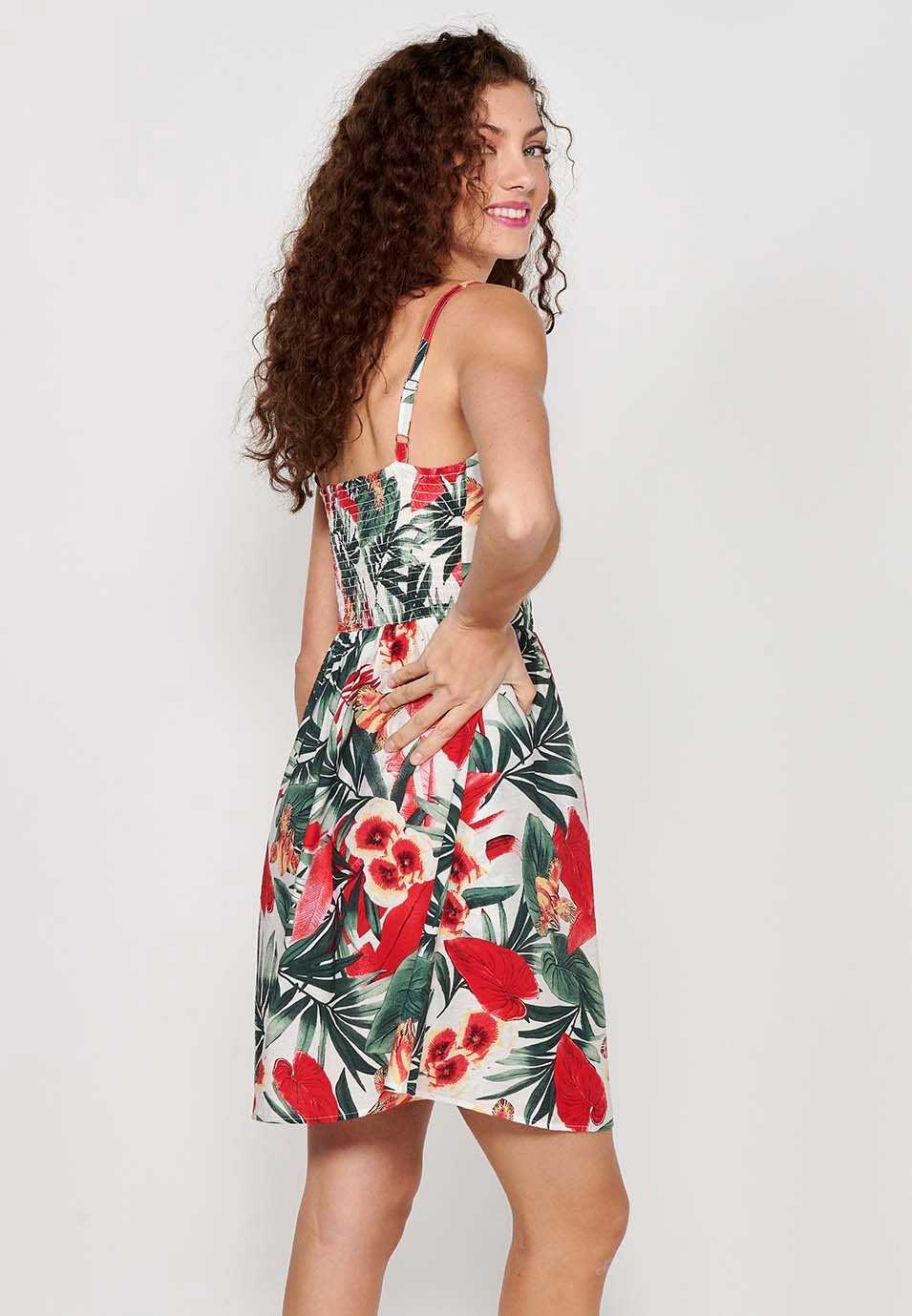 Mehrfarbiges Damenkleid mit tropischem Blumenmuster, V-Ausschnitt, Knopfleiste vorne und gummierter Rückseite 4