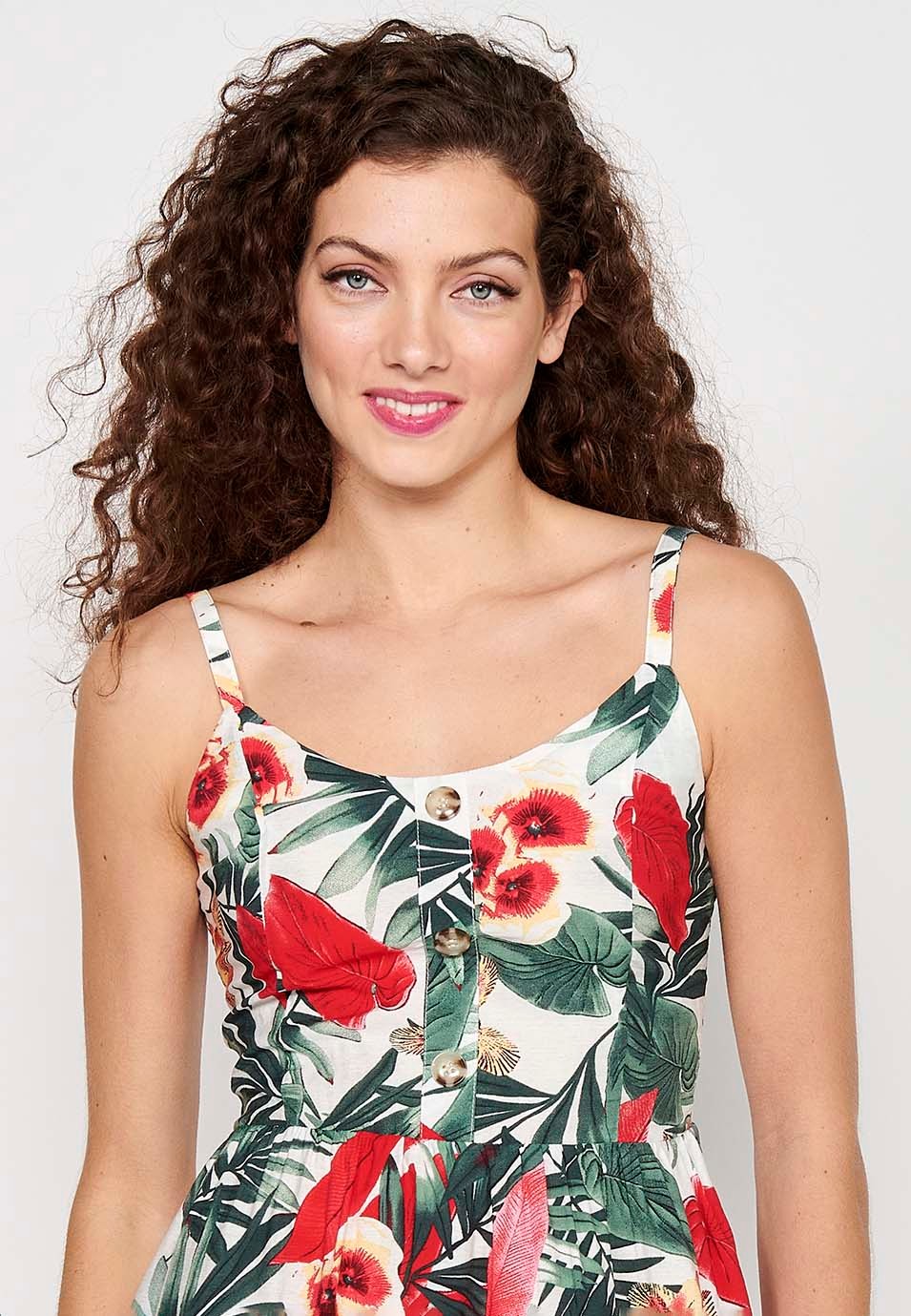 Vestido de tirantes con estampado floral tropical y escote pico con botones delanteros con espalda engomada de color multicolor para mujer | Moda Actual 3