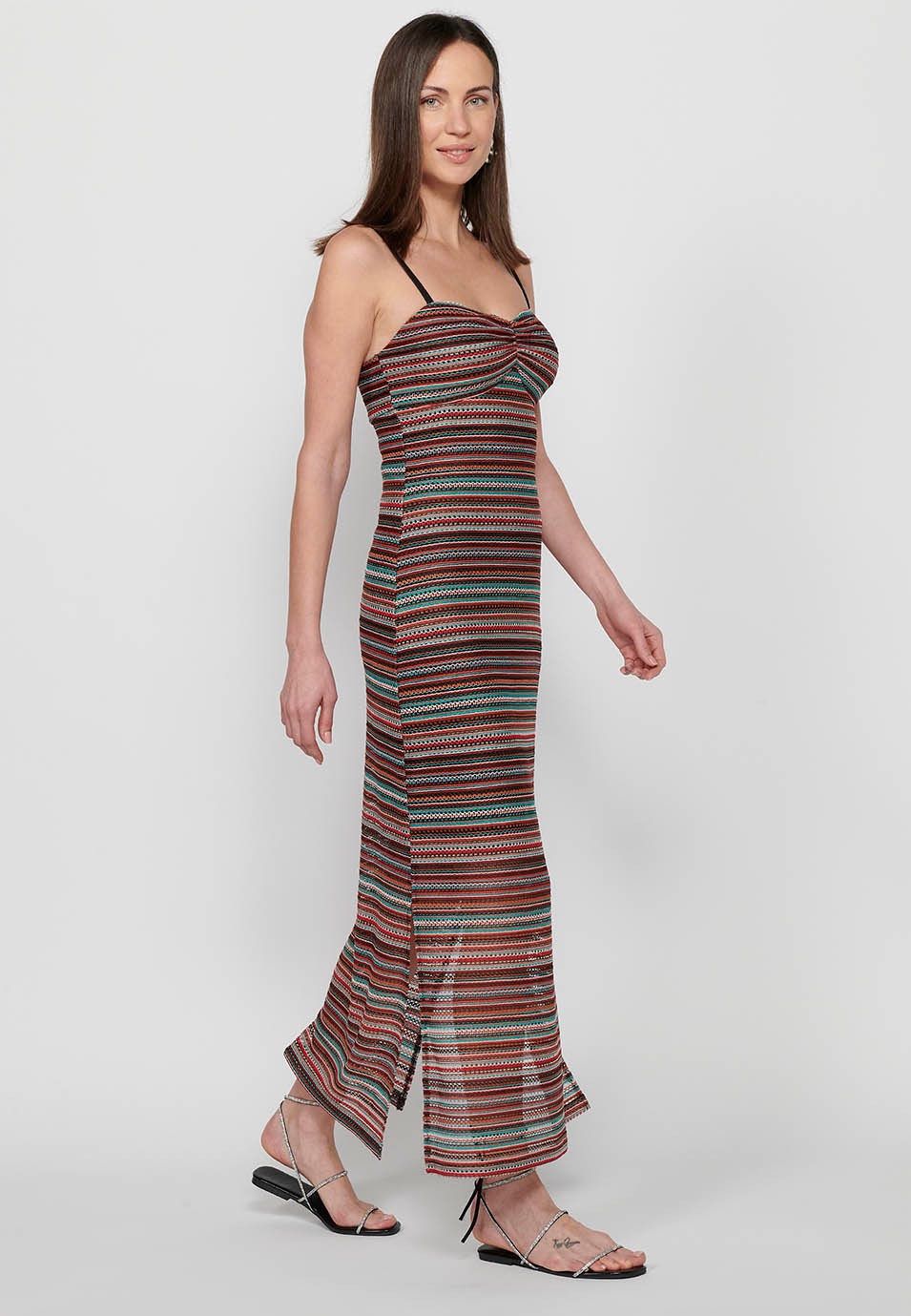 Women's Long Dress with Adjustable Straps with Openwork Fabric with Multicolor Color Lining 4