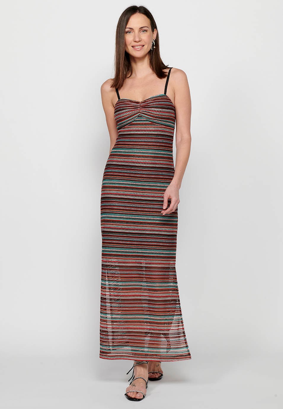 Women's Long Dress with Adjustable Straps with Openwork Fabric with Multicolor Color Lining 5