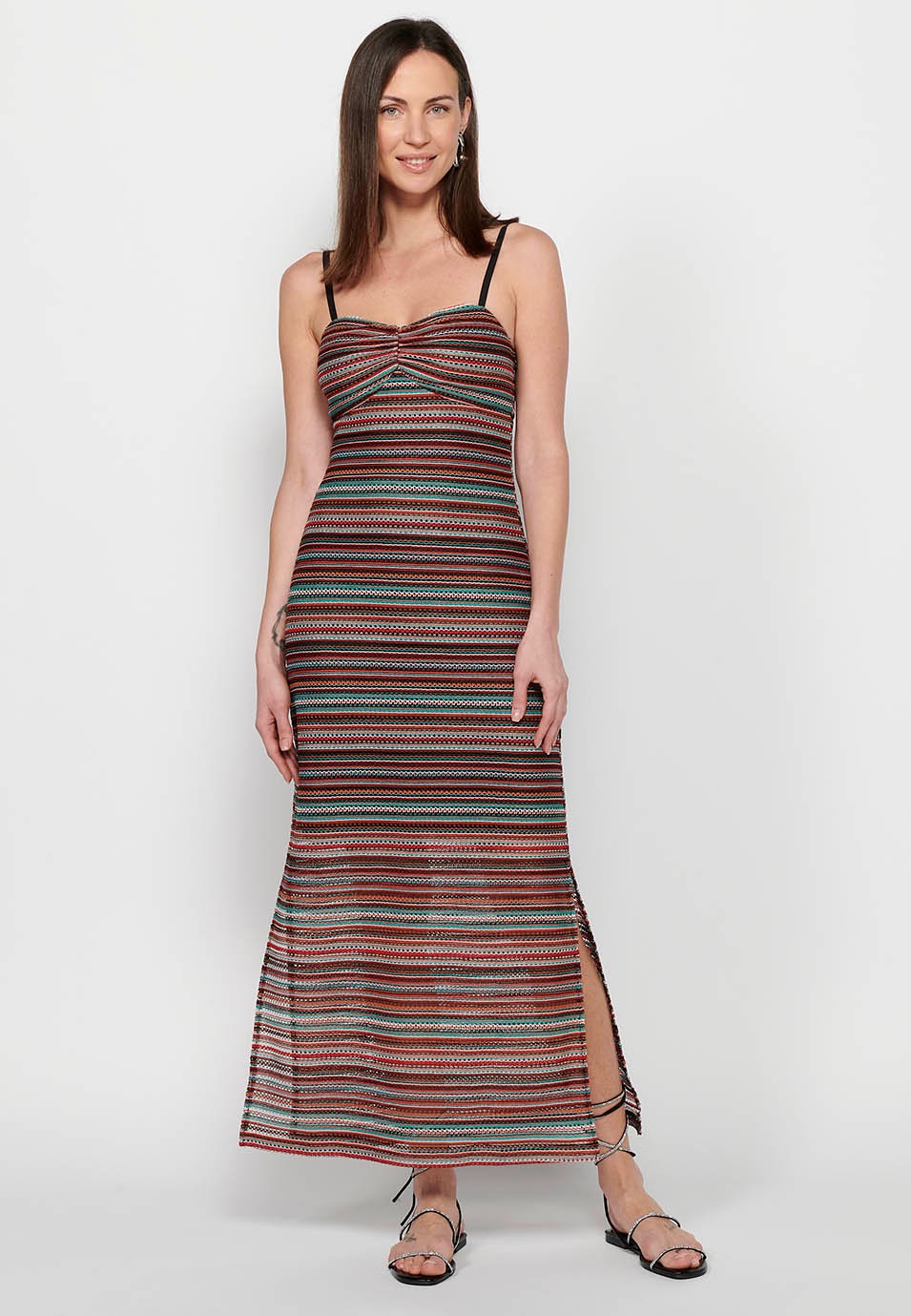 Women's Long Dress with Adjustable Straps with Openwork Fabric with Multicolor Color Lining 7