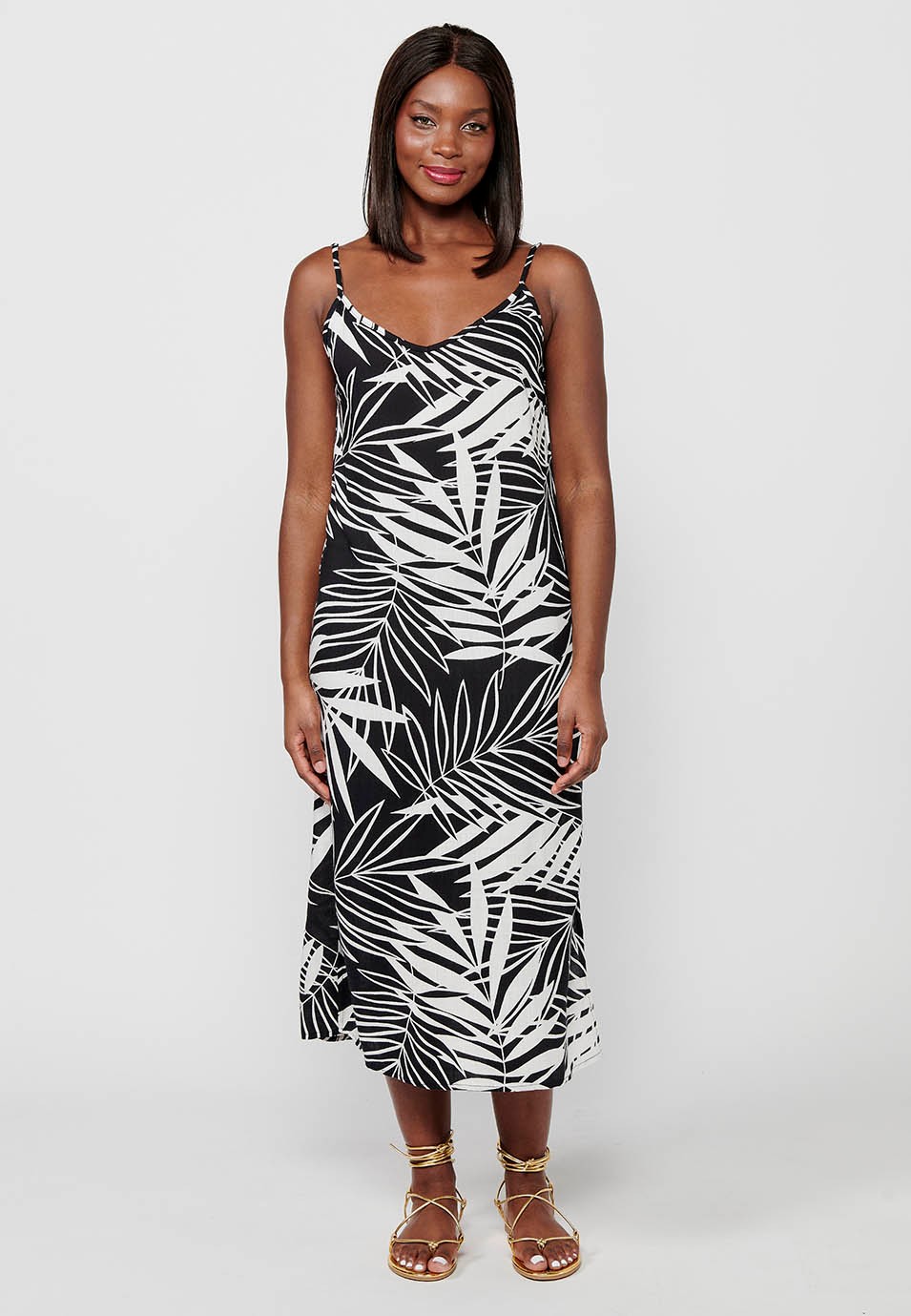 Long strap dress, tropical print in black and white for women