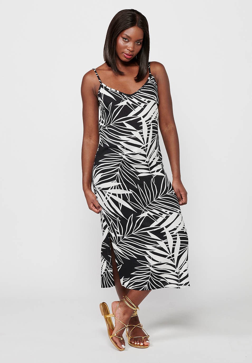Long strap dress, tropical print in black and white for women