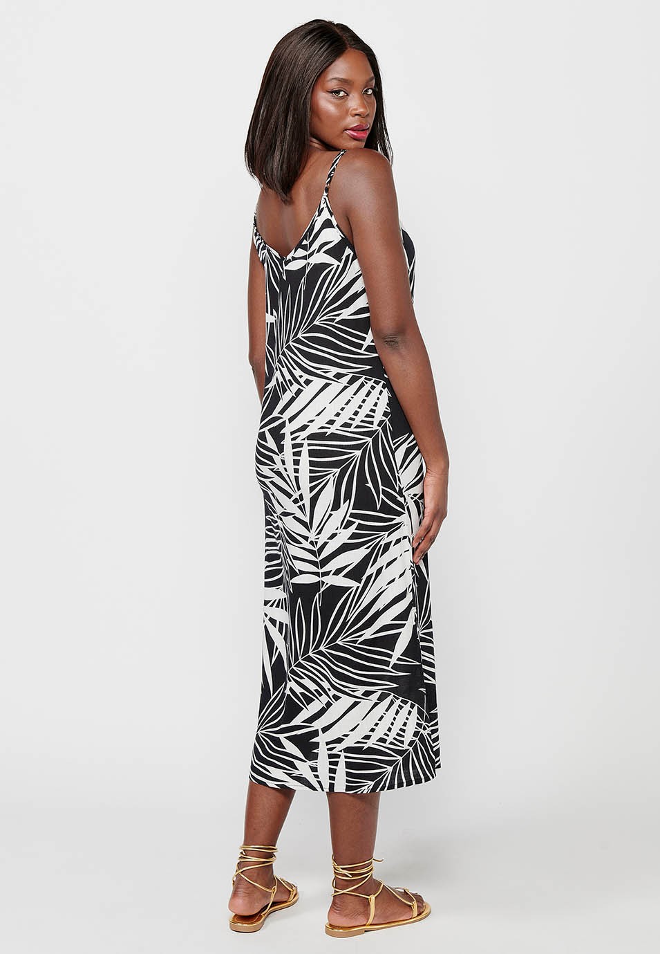 Long strap dress, tropical print in black and white for women