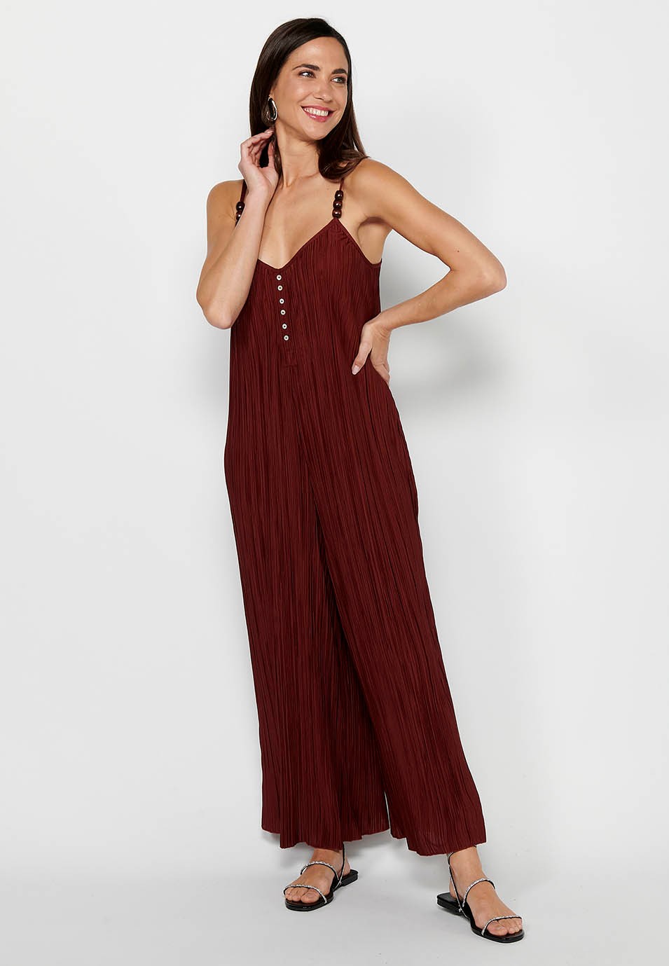 Women's Loose Fabric Jumpsuit Dress with Folds and Adjustable Maroon Straps