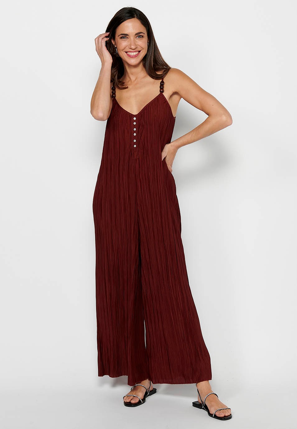 Women's Loose Fabric Jumpsuit Dress with Folds and Adjustable Maroon Straps