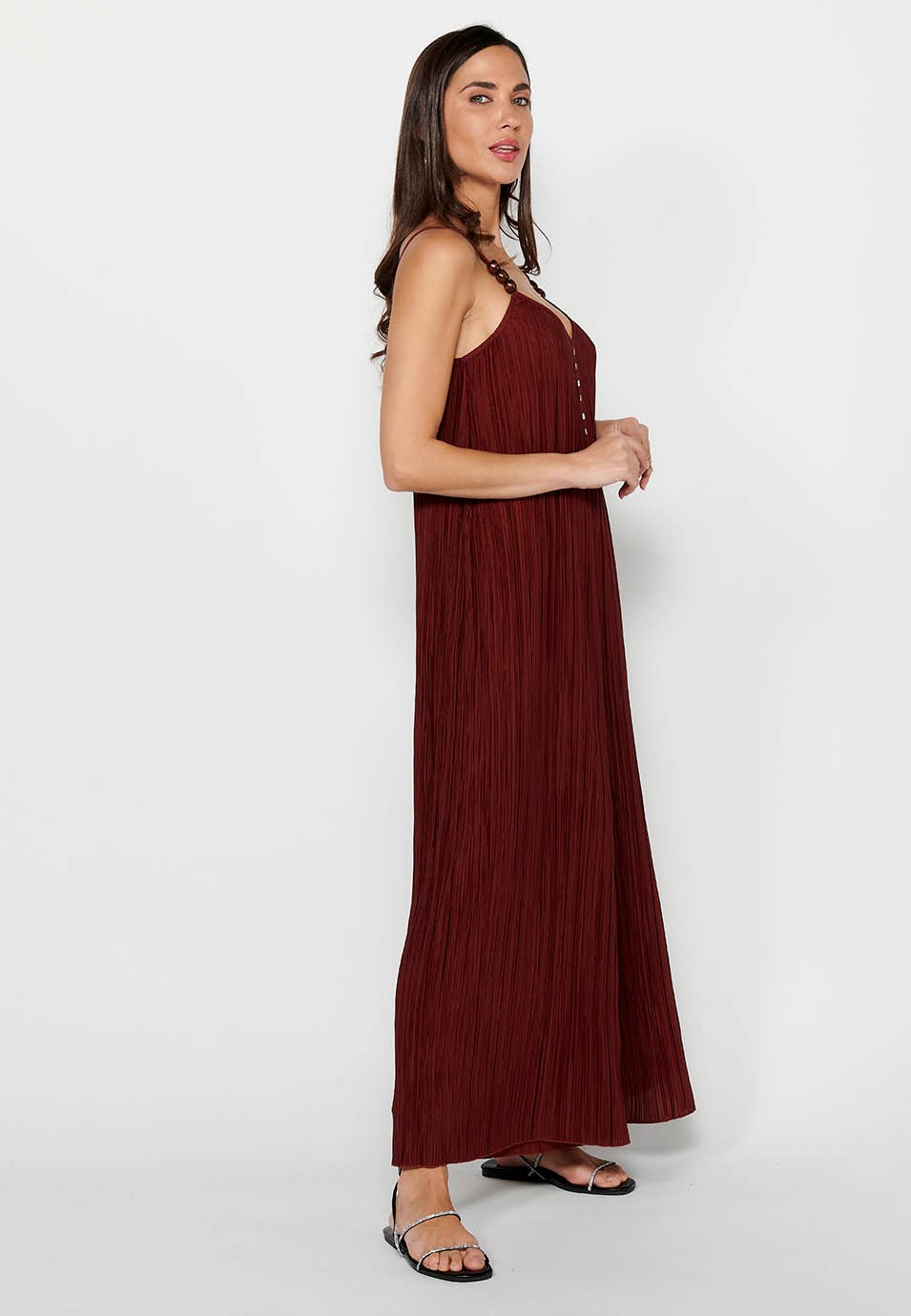 Women's Loose Fabric Jumpsuit Dress with Folds and Adjustable Maroon Straps