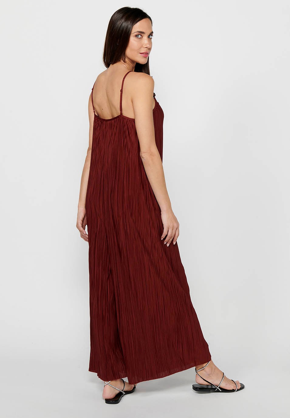 Women's Loose Fabric Jumpsuit Dress with Folds and Adjustable Maroon Straps