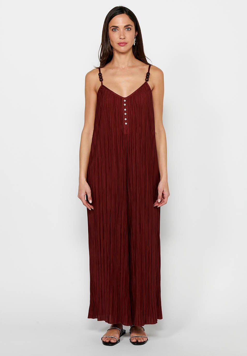 Women's Loose Fabric Jumpsuit Dress with Folds and Adjustable Maroon Straps