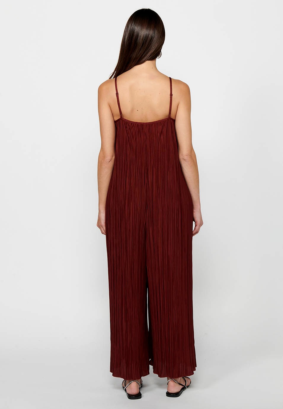 Women's Loose Fabric Jumpsuit Dress with Folds and Adjustable Maroon Straps