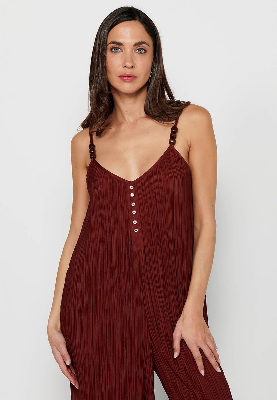 Women's Loose Fabric Jumpsuit Dress with Folds and Adjustable Maroon Straps