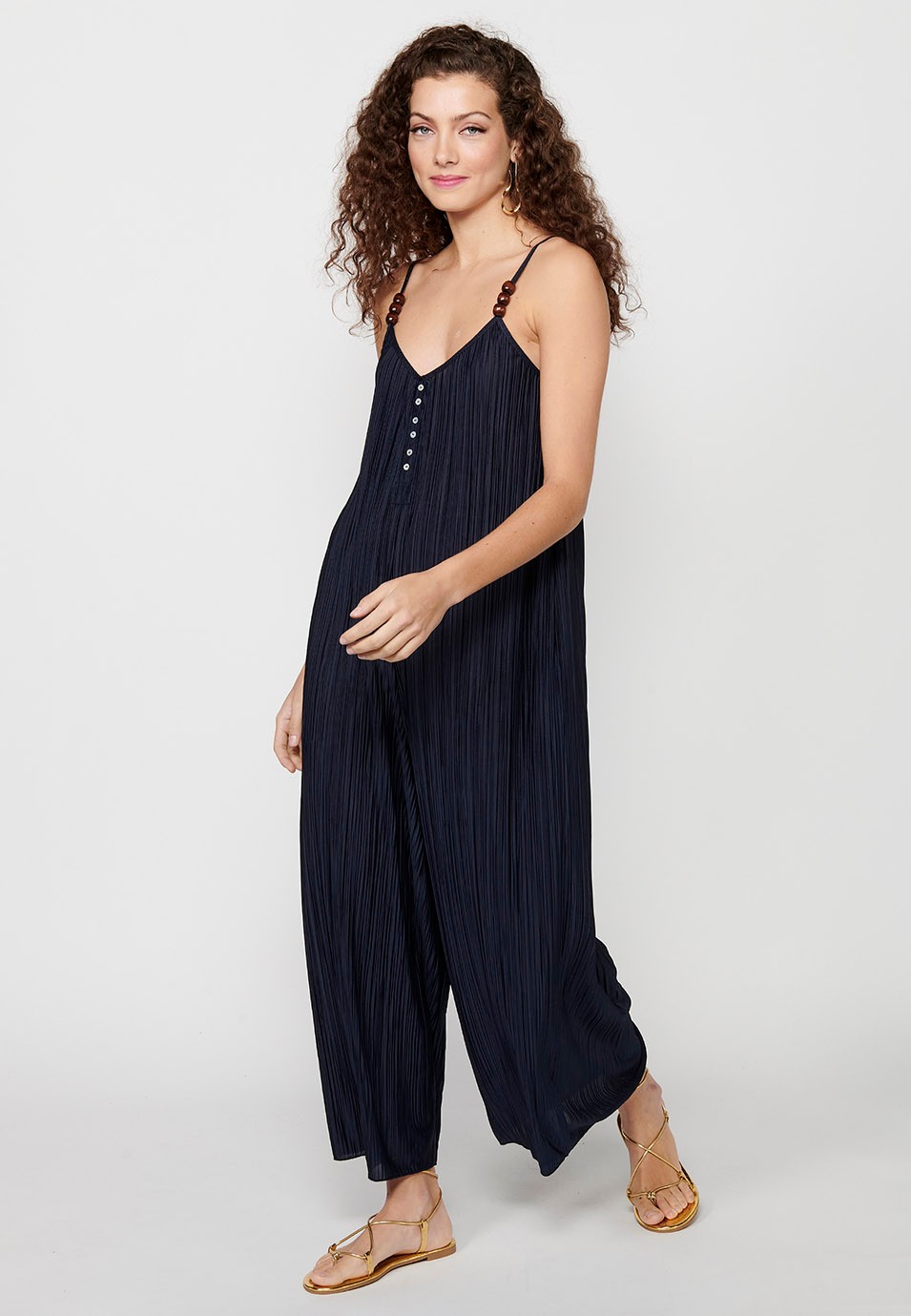 Women's Loose Fabric Jumpsuit Dress with Folds and Adjustable Blue Straps