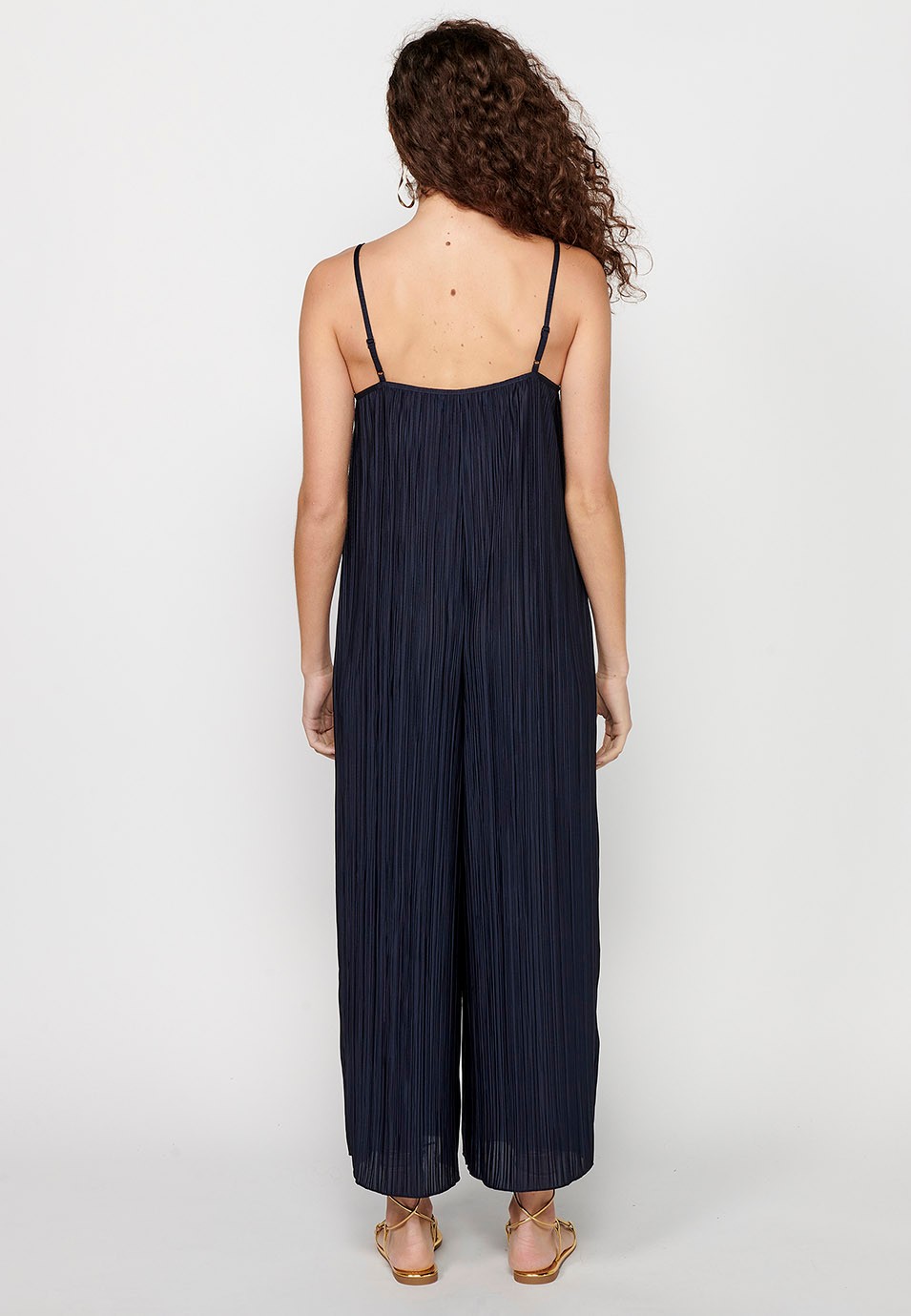 Women's Loose Fabric Jumpsuit Dress with Folds and Adjustable Blue Straps 7