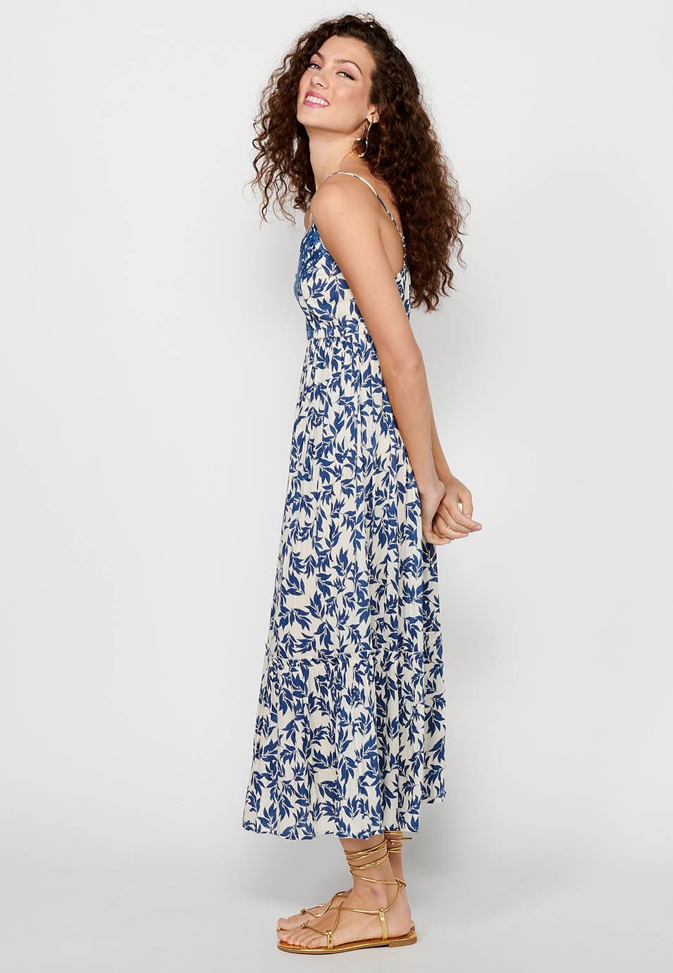 Long dress with adjustable straps with floral print and embroidered details and blue front buttons for Women 2