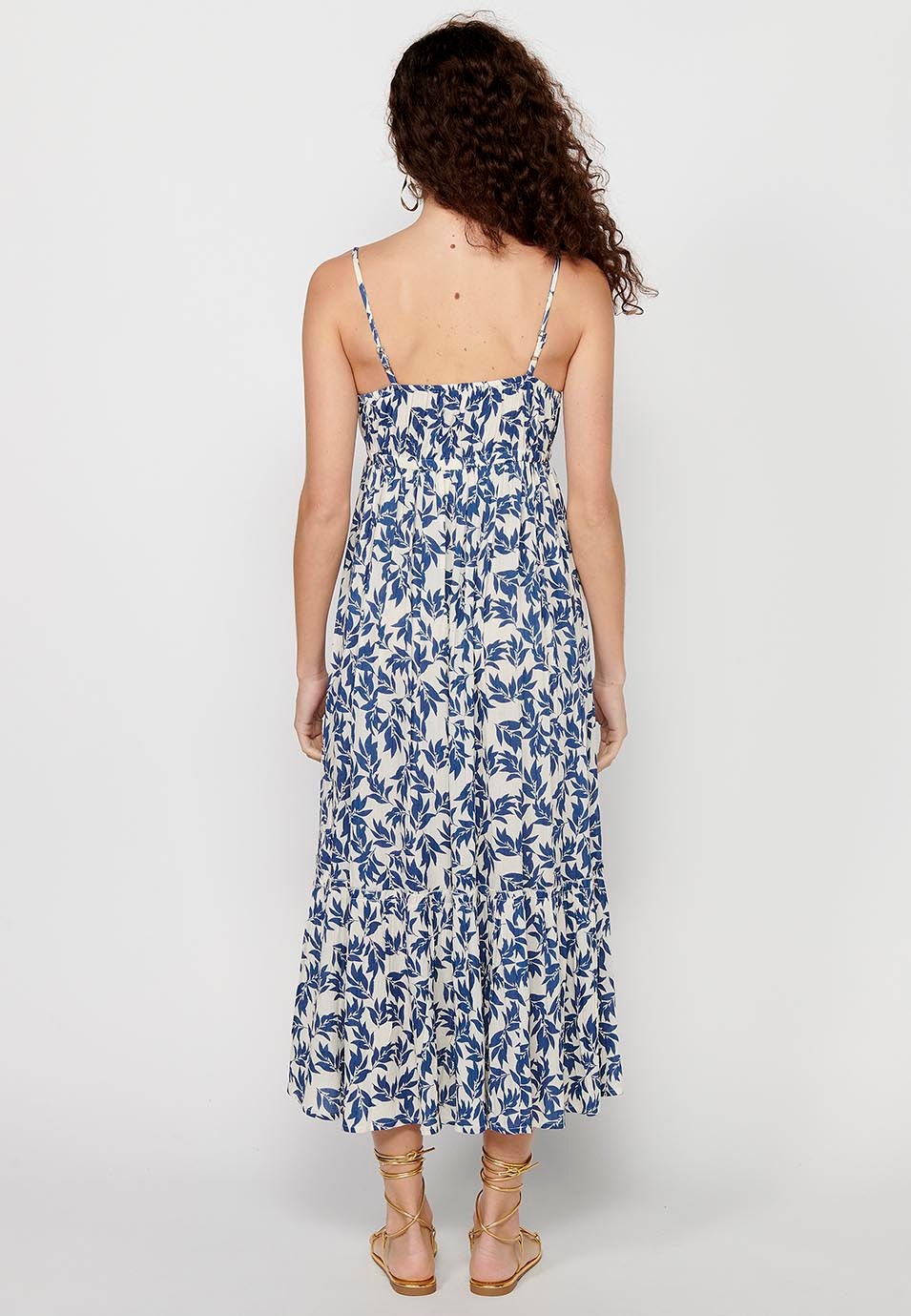 Langes Kleid mit verstellbaren Trägern mit Blumendruck und gestickten Details sowie blauen Knöpfen vorne für Damen 8