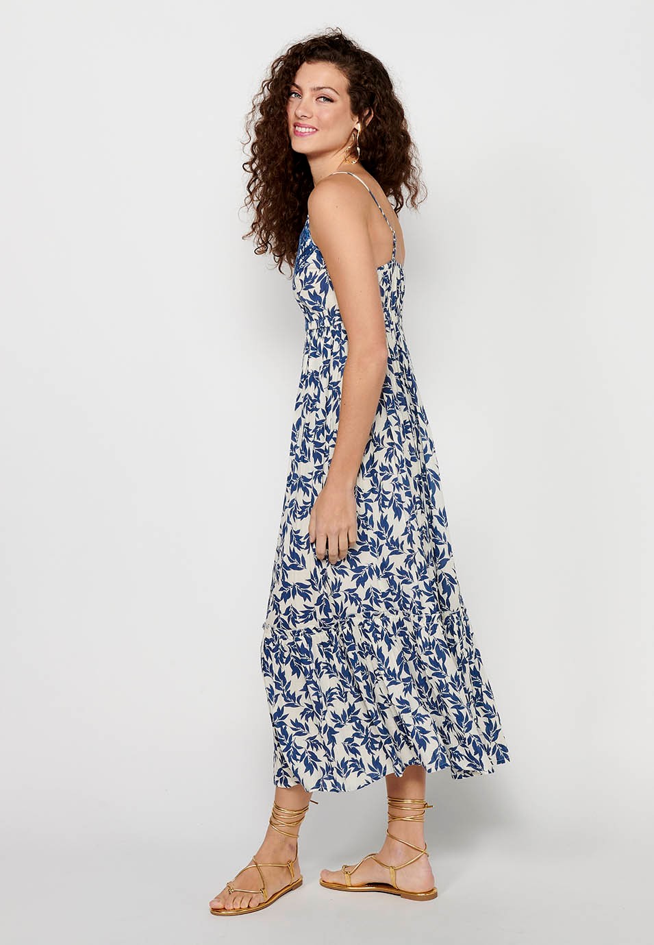 Long dress with adjustable straps with floral print and embroidered details and blue front buttons for Women 6