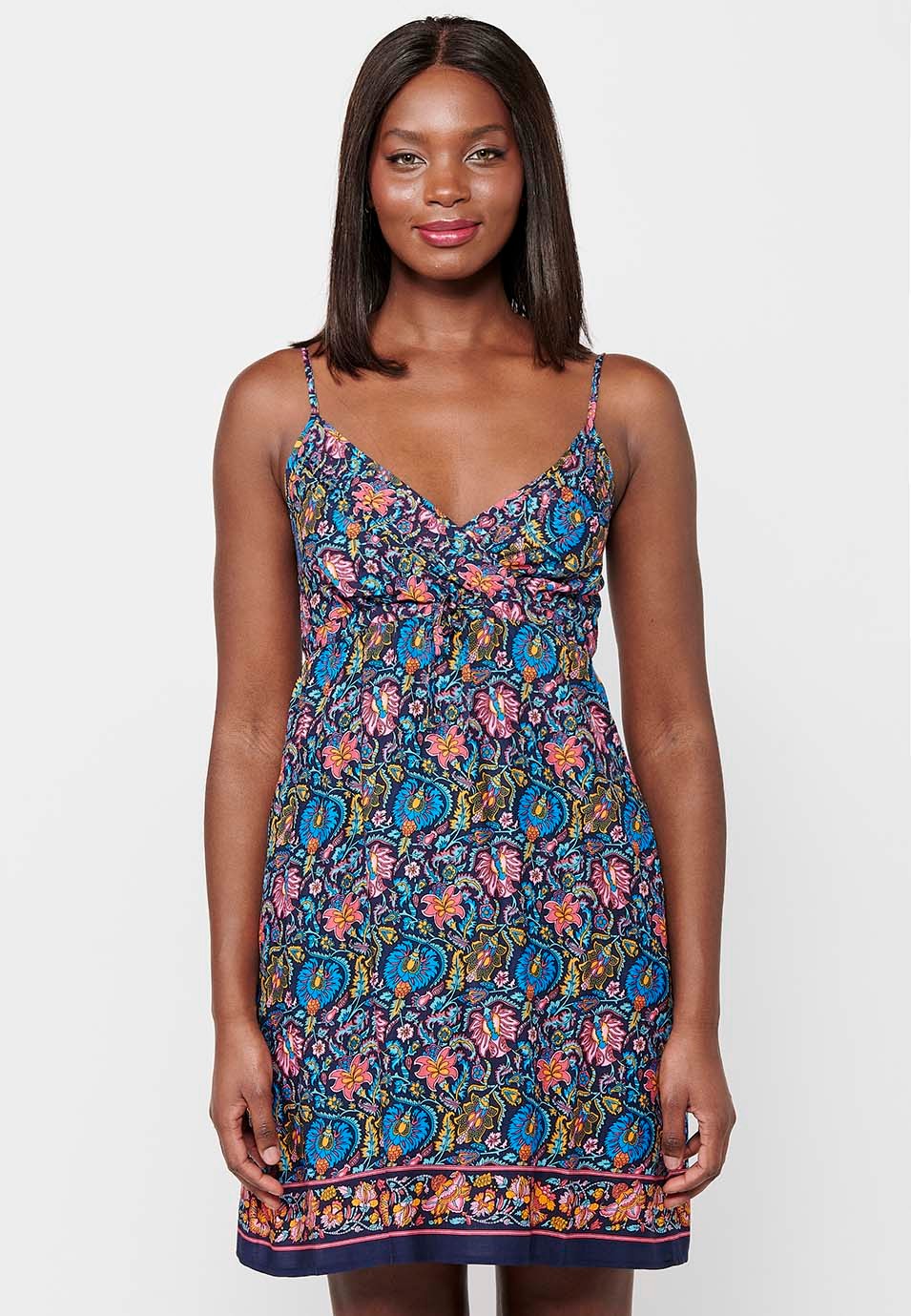 Women's Multicolor Floral Print V Neck Strap Short Dress