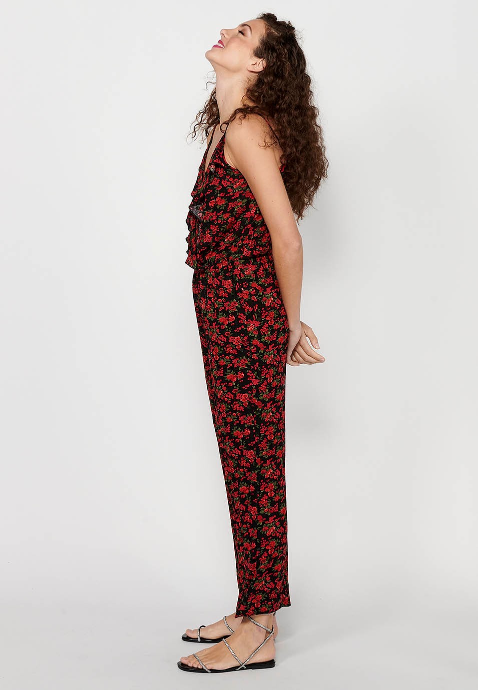 Lange Anzughose mit verstellbaren Trägern, gummiertem Bund und rotem Blumendruck für Damen 6