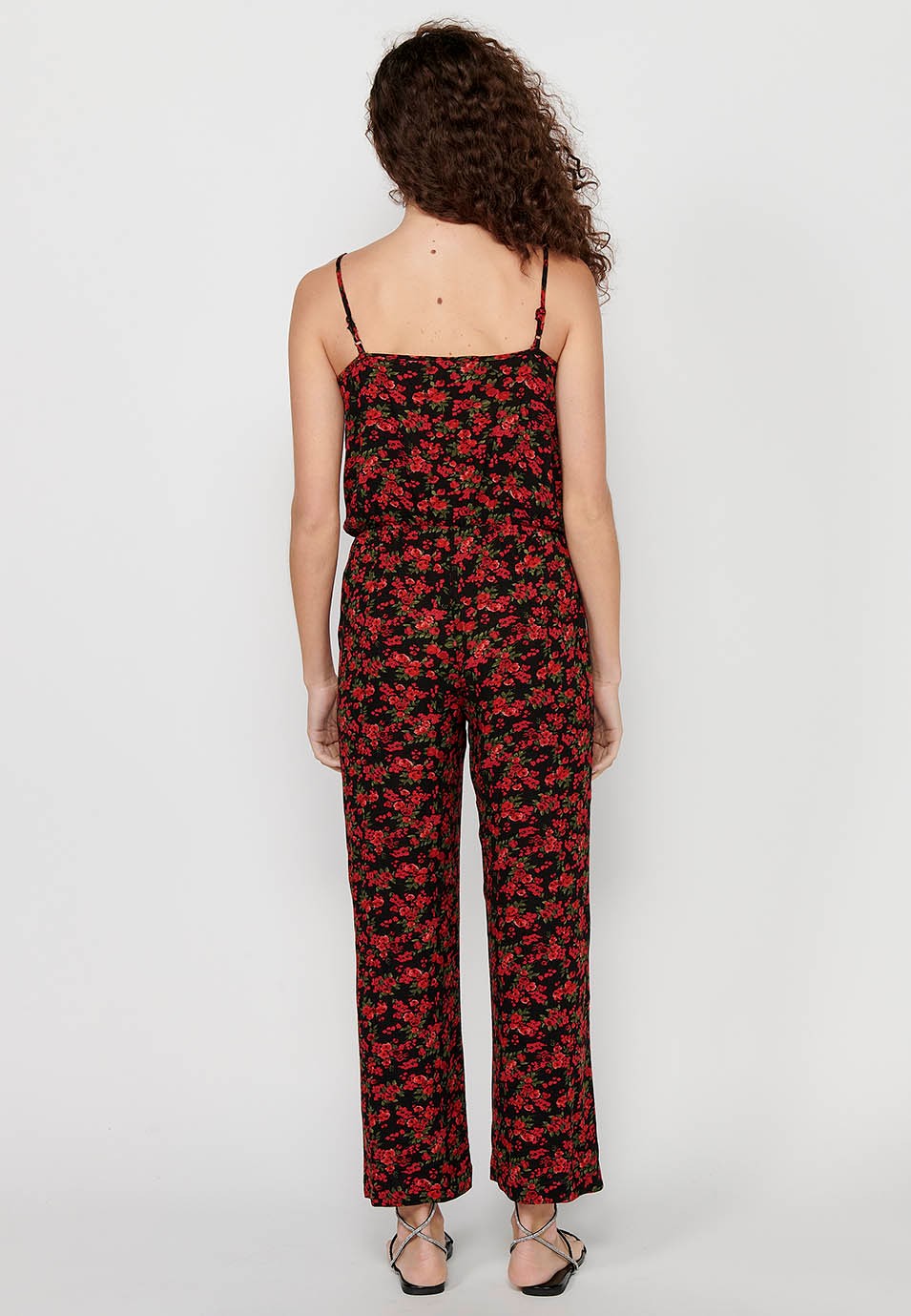 Pantalon habillé long à bretelles réglables avec taille caoutchoutée et imprimé floral rouge pour Femme 7