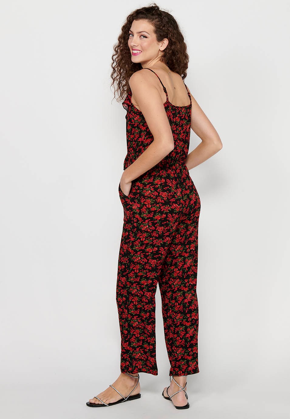 Lange Anzughose mit verstellbaren Trägern, gummiertem Bund und rotem Blumendruck für Damen 8