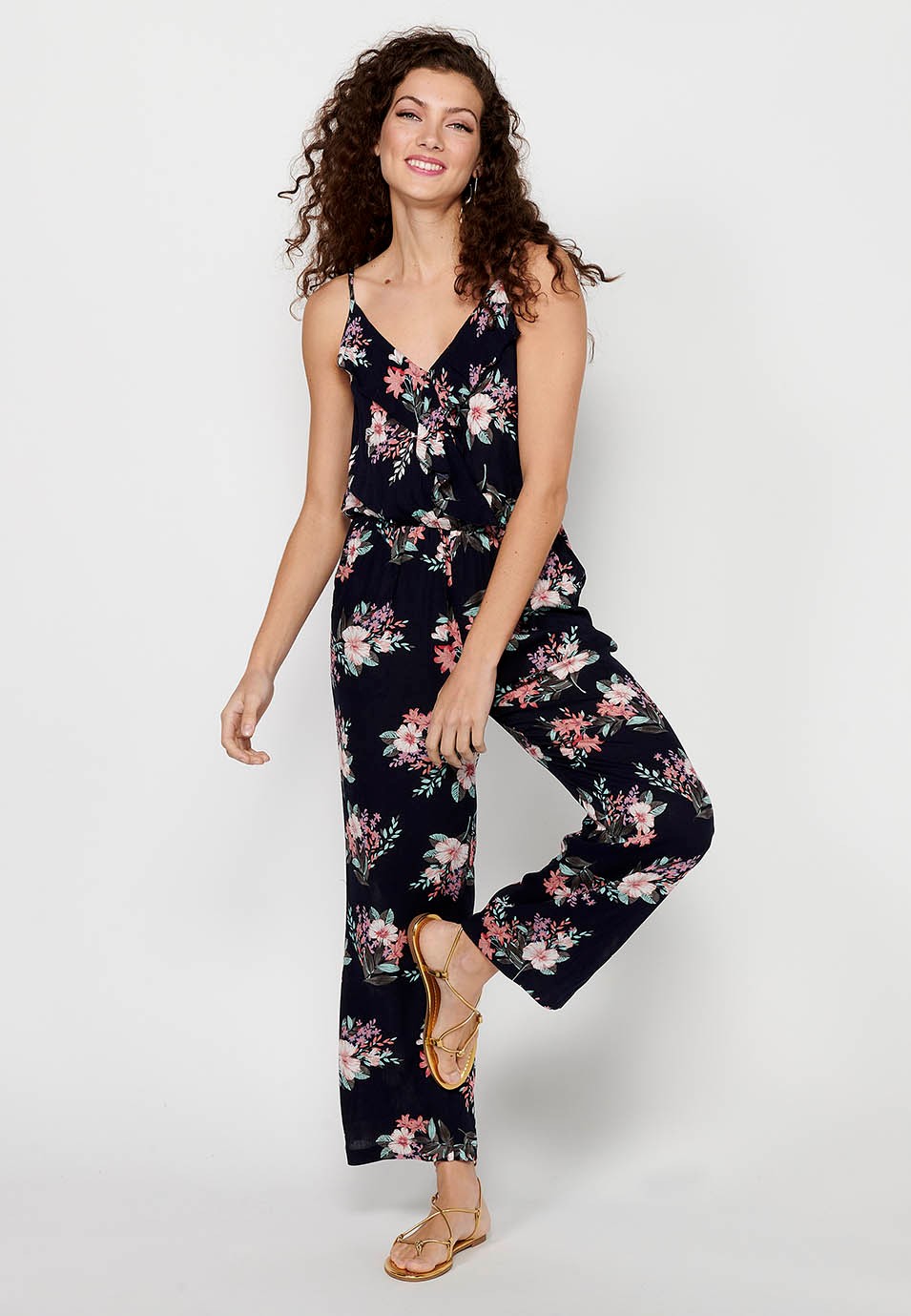 Langes Jumpsuit-Kleid mit verstellbaren Trägern, gummierter Taille und blauem Blumendruck für Damen