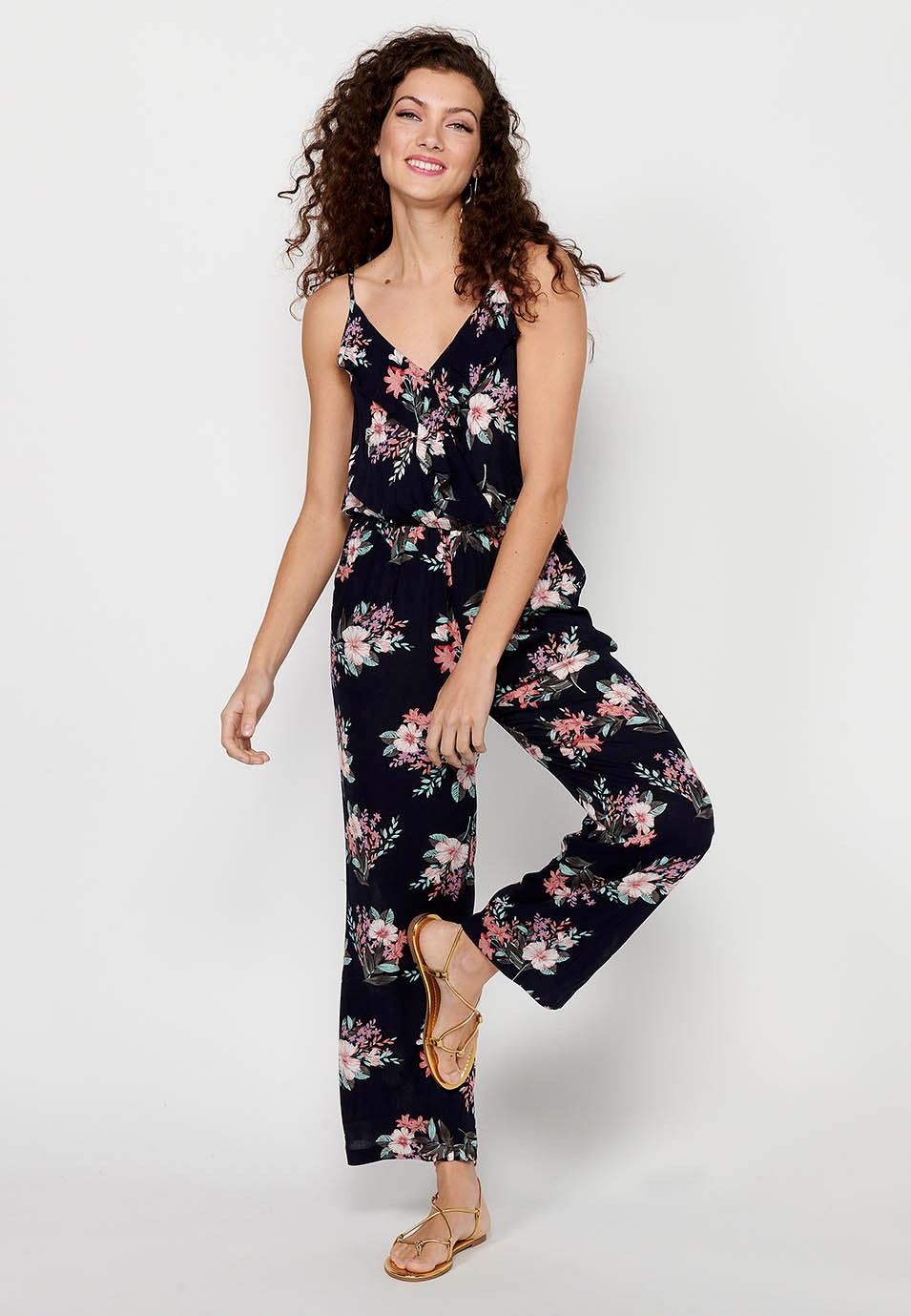 Vestido-mono pantalón largo de tirantes ajustables con Cintura engomada y Estampado floral de Color Azul para Mujer