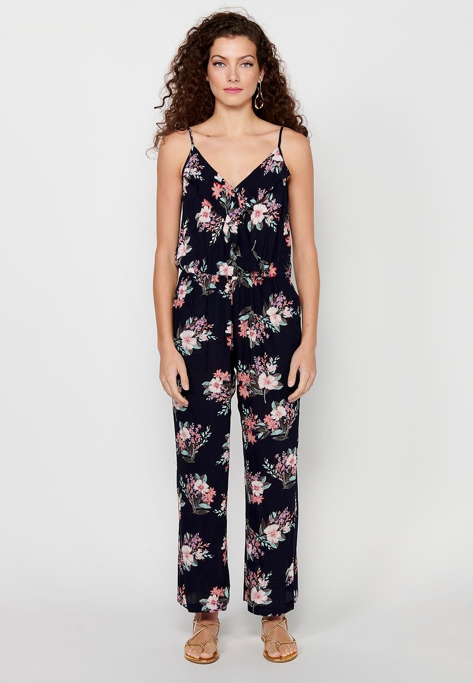 Langes Jumpsuit-Kleid mit verstellbaren Trägern, gummierter Taille und blauem Blumendruck für Damen 5